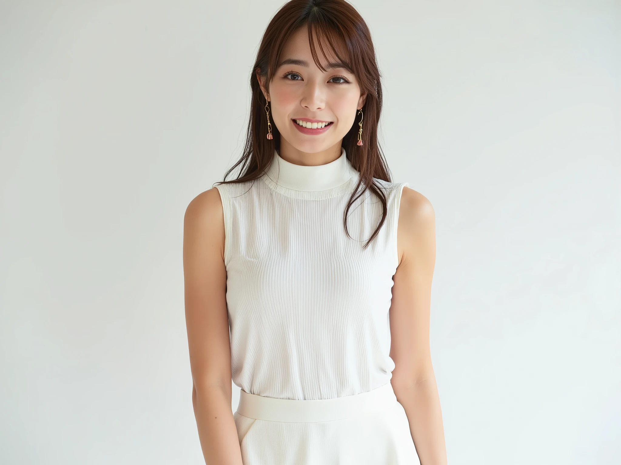 ((top quality , 8k)), ( masterpiece ), perfect face , white striped blouse, Mock neck, sleeveless, miniskirt, cute, ,Chest for Men, knit ,smile,full body, skin exposure,smile,foot