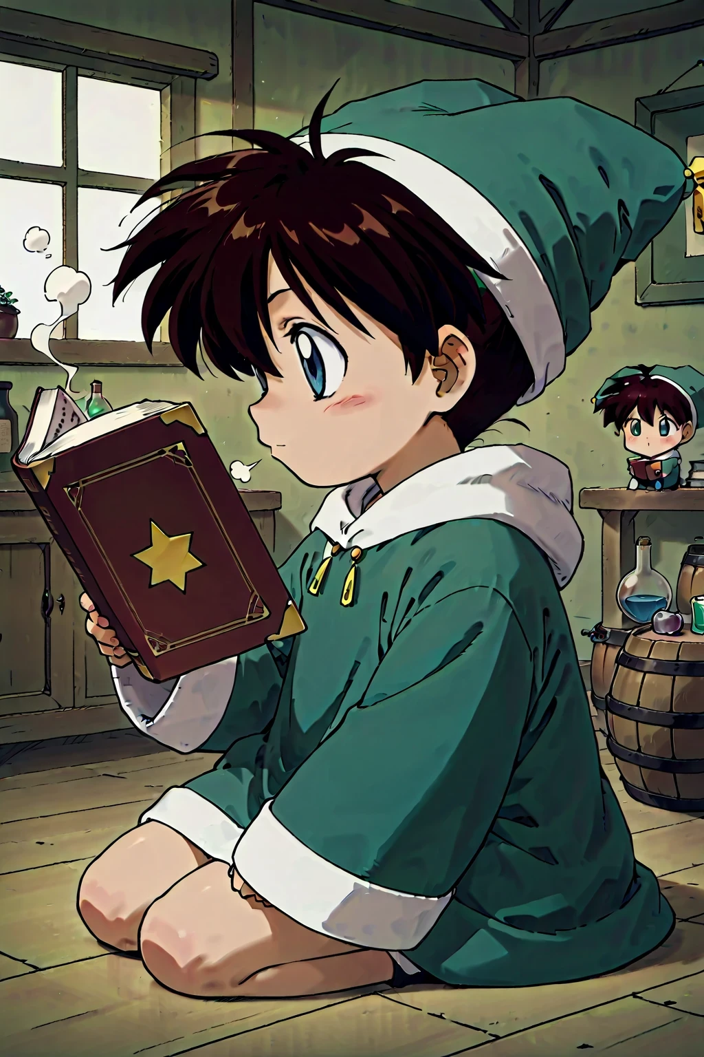 masterpiece,highest quality,Super detailed,32K,High resolution,an extremely delicate and beautiful,Official Art,Perfect Anatomy,(solo:1.5), Contrasting colors,octane rendering,Fully painted,anime coloring,anime screencap,Cel-shaded anime,retro artstyle,1990s \(style\),90s anime,90s anime style, perfect face,ultradeTailed eyes,beautiful,sexy,supermodel,athletic body,shiny skin,Dramatic light,(scale to fit the dimensions:1.2),
yousei\(Atelier\),eyebrows visible through hair,green coat,green headwear,green shirt,hair between eyes,jester cap,jewelry,long sleeves,((chibi anime:1.52)),((holding book,reading:1.25)),
face_focus,fantasy,indoor,test tube,flask,smoke,window_,scenery,laboratory equipment,alchemy,barrel,profile,looking ahead,sigh