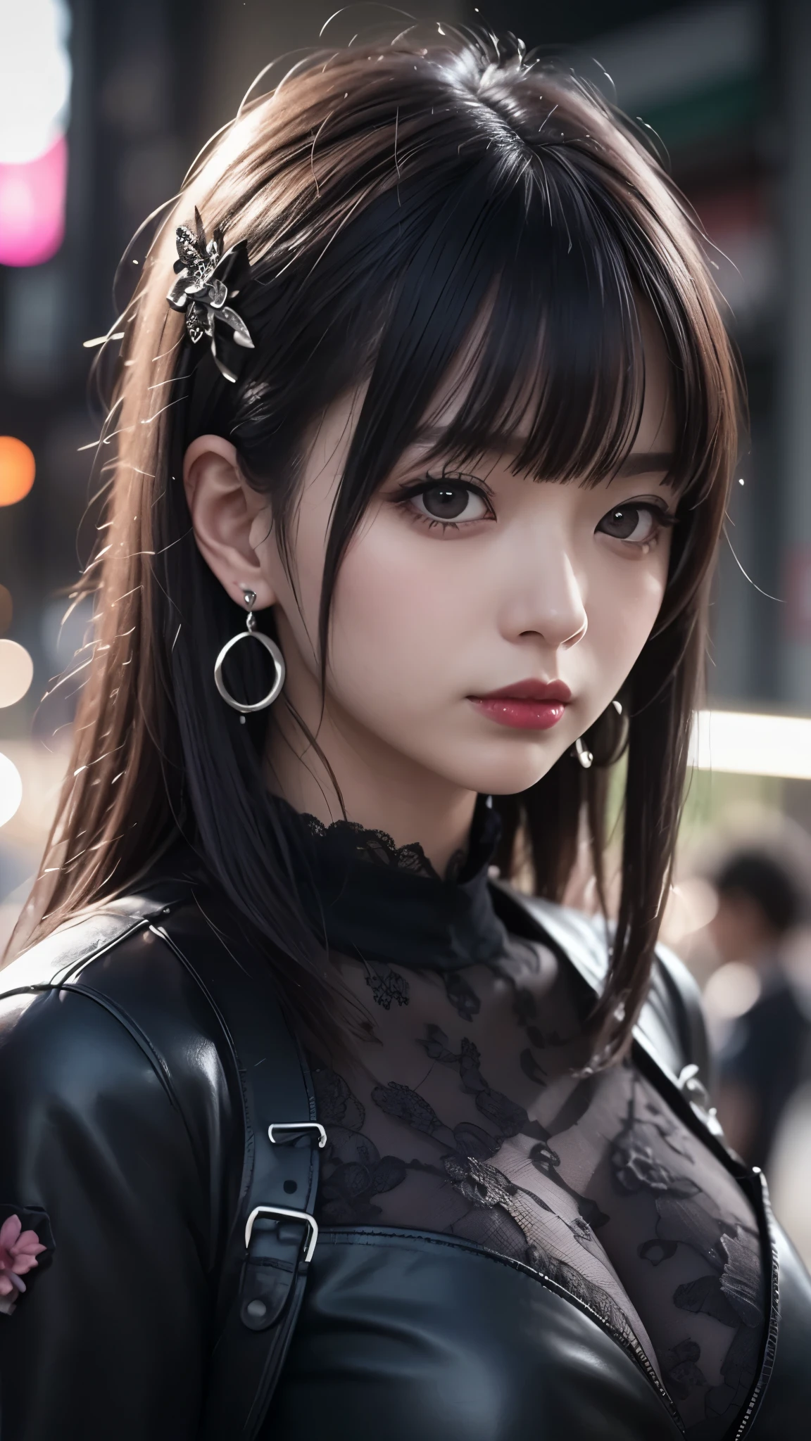 masterpiece、masterpiece、最高masterpiece、highest quality、Ultra High Resolution、super image quality,aesthetic、16k、 (photorealistic to tilt your head to the left:1.4)、(Gray Hair、 Silver Hair、night)、realism、realistic、Photorealistic)、black、earrings、amount、Gothic skirt、Goth_punk,Sharp、night:1.2 、超flat chest:1.8, AA-cup chest 、 Slim waist:1.2、 Long Sleeve:1.5、マイクロミニskirt、Unreal and dynamic、Surreal、absurd、 dynamic action shots、portrait、Super sharp、 realistic textured face and skin、 beautiful symmetrical face 、(perfect anatomy)、 CGSoation Trends, particle effect , Beautiful Effects, bright colors, Neon Lights,、超A high resolution 、octane rendering、Dark Fantasy、Complex Detailed Background、 very delicate and detailed、skirt、Unconventional、Luxurious Outfits、Pink fluorescent complementary color、 Leather Jacket、deep red lipstick、 has swollen eyes、red eyeshadow、dynamic pose viewed from the bottom of the back、Oblique View 、Hyper-targeting、