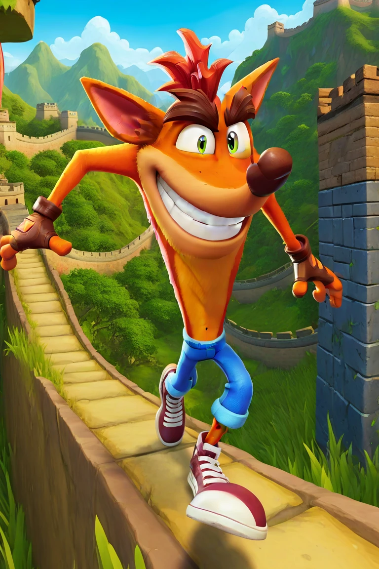 masterpiece, Crash Bandicoot shirtless and wearing a blue running shorts, solo, no group, no double, smiling, great lighting, soft light, no logo mark, no field, no extra limbs, 3D