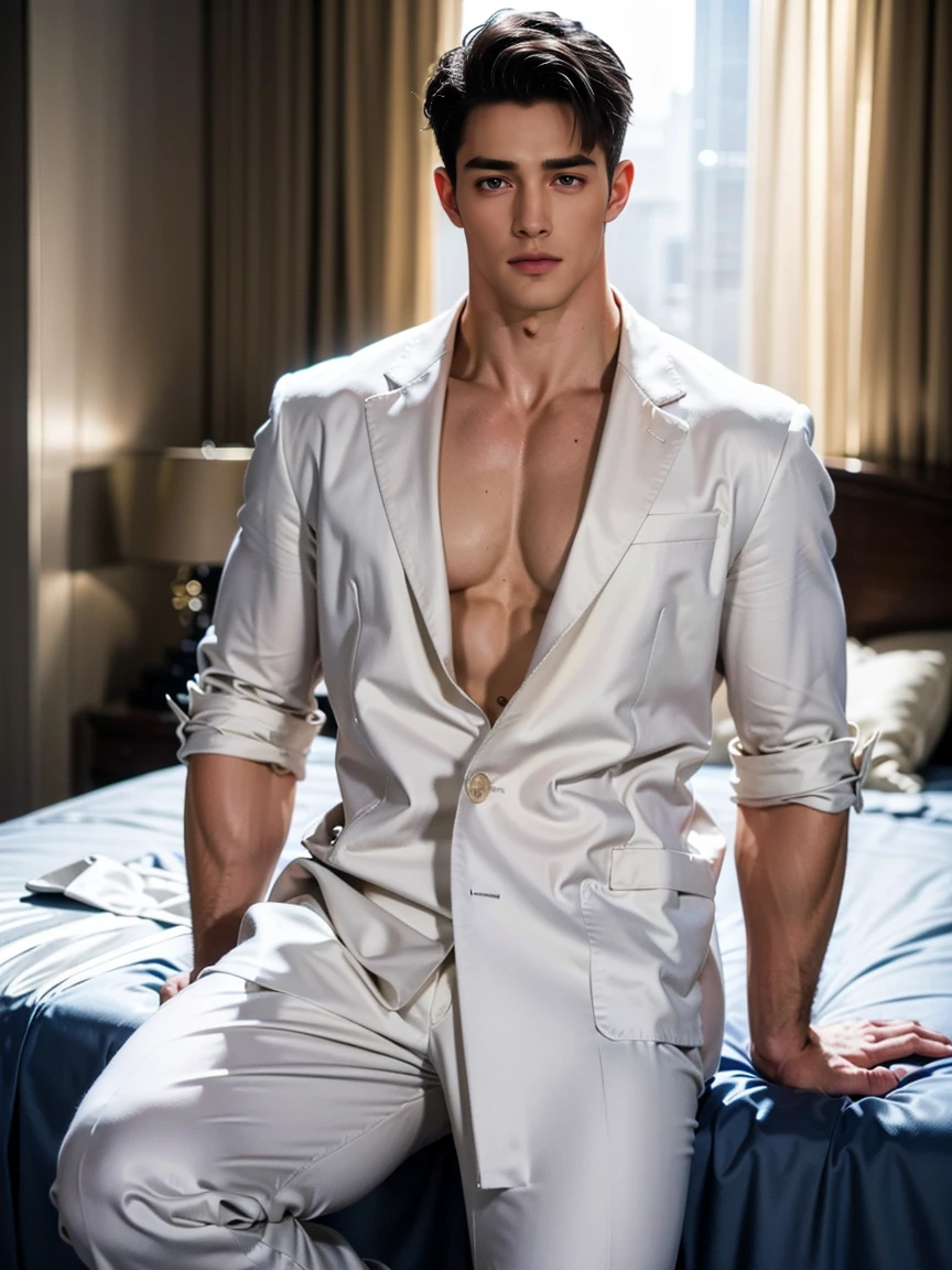 masterpiece, Best quality, realistic、a handsome white skin guy in sheet ghost costume, white thong, Flawless anatomy、shirtless., ideal male body、male model