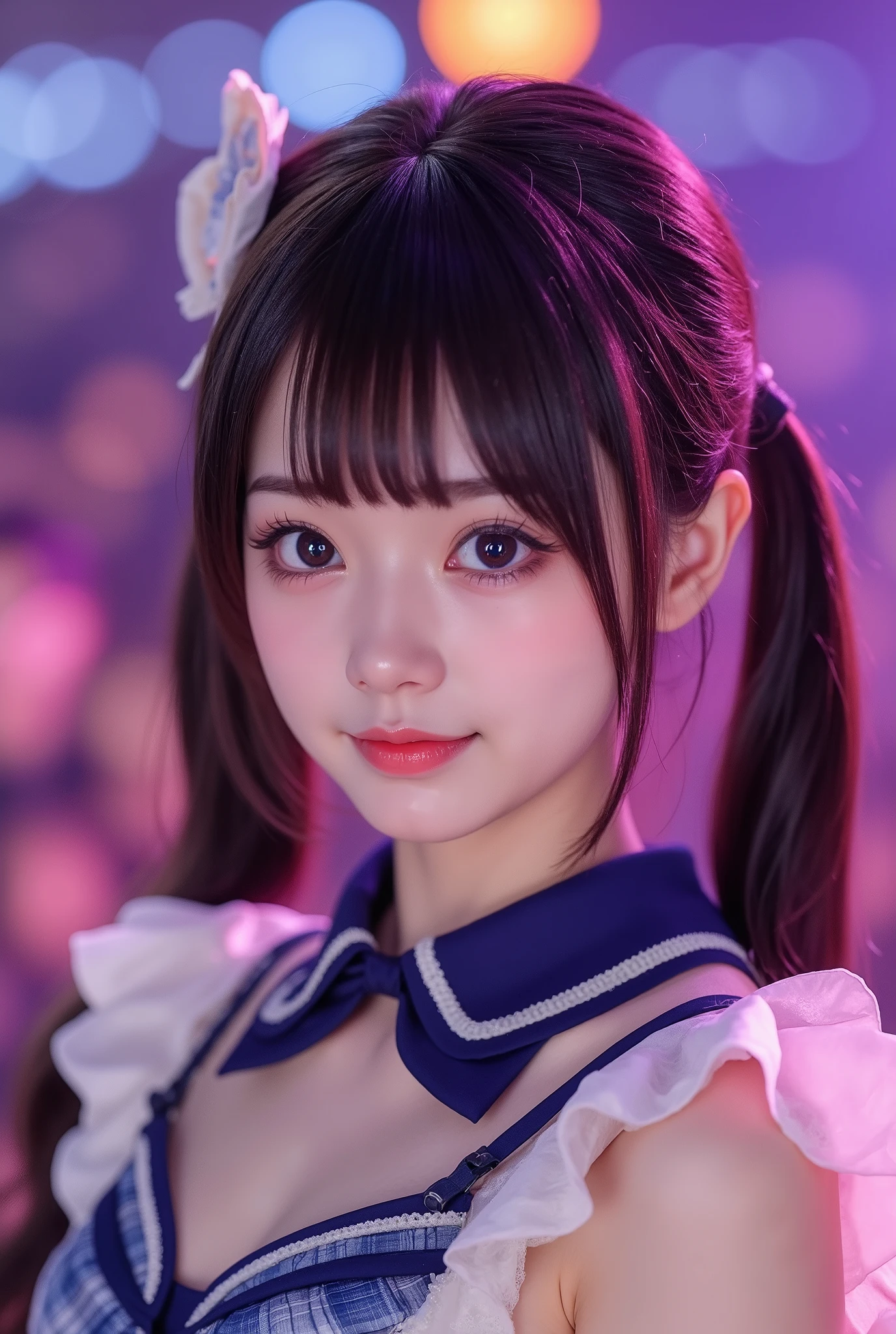 extremely detailed, (score 9, score 8 up, score 7 up, very detailed, detailed, sharp focus, 8K UHD), Realistic full-body photo of a petite and very young Japanese woman, happy smiling face, detailed facial depiction, detailed eye depiction, large eyes with double eyelids, thick lips, black hair, black pupils, idol singer in frilly stage costume singing on stage, backing band behind, brilliant colorful effective lighting, very fantastical, depth of field photo, spirit, analog style, sharp focus, 8K UHD, blunt pigtails, looking at the viewer.