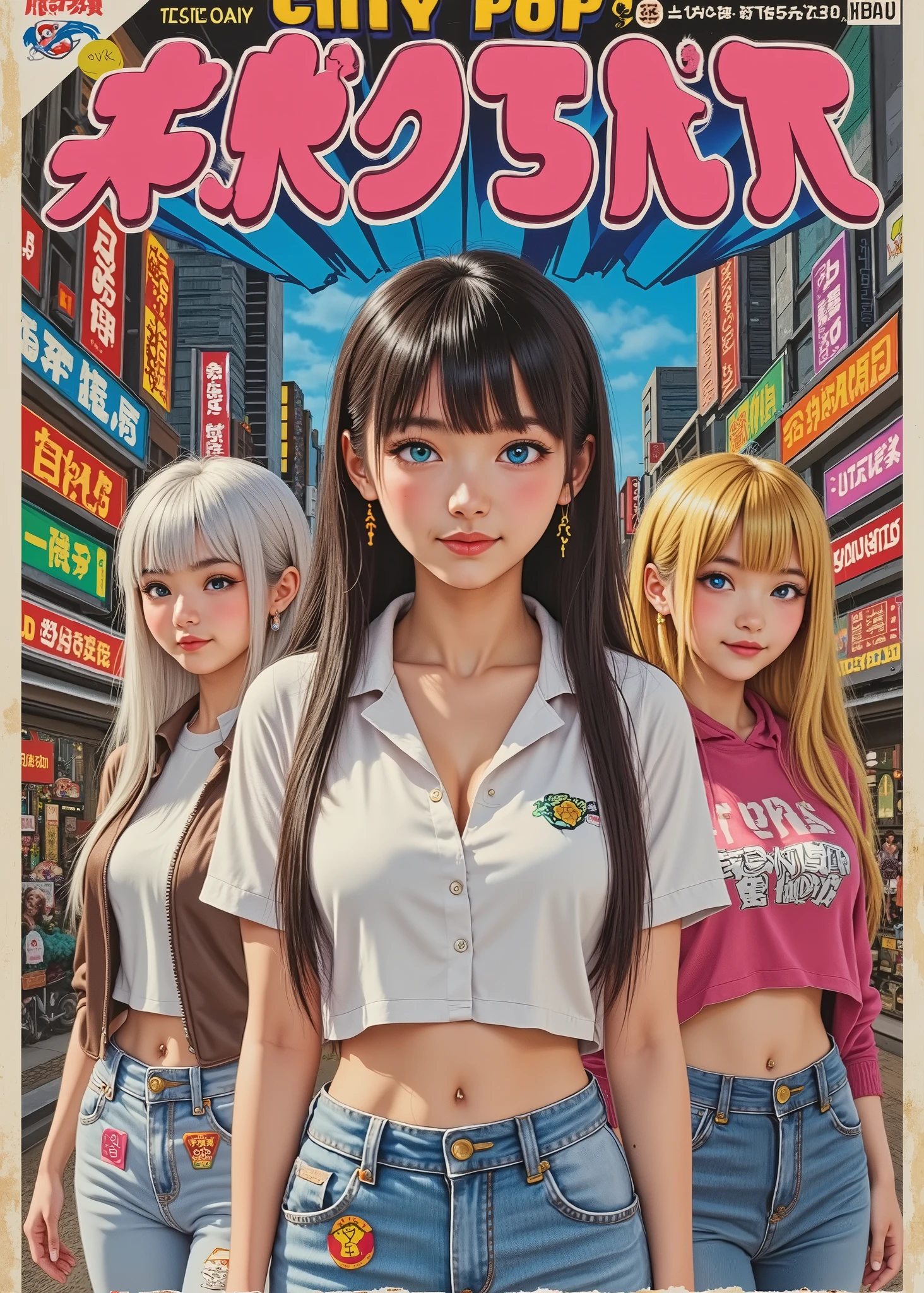 Vintage 80s Comic Book、Japanese Girls、In the title "City pop"steering wheel guide with no entry written, Classic Oriental Asian style comic book font, Stroke Embossed Border, Torn cover, Worn, Collector's Item, Show Price and Publisher's Logo, Pop Female Singers, Jeans on T-shirt Retro 80s, Bold colors,  details,  Vivid and Brilliant Colors ,  details, complicated, Gouache Paint,  Medium Contrast, Rich, Vivid Lighting, Classic Comic Aesthetics, Italian Fumet