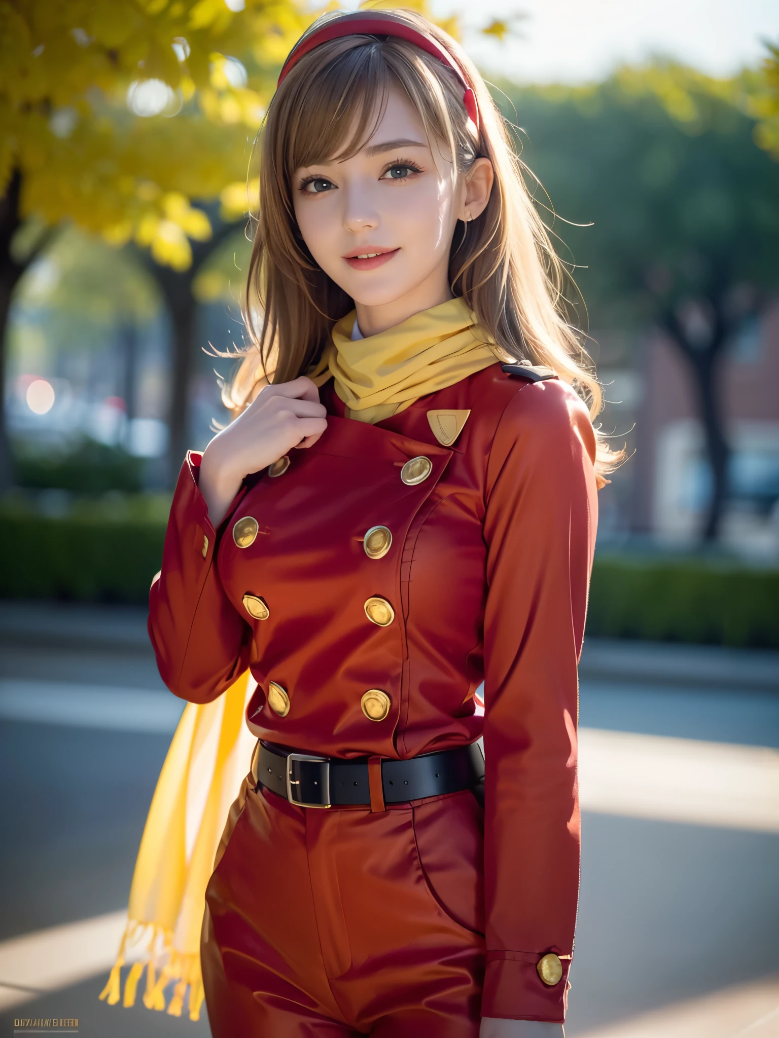 1girl, Alone, (cute french girl), 18yo, Young female, Low Height, slim body, (smile:1.2), Looking at camera,
break
upper body, (portrait:1.2), seductive pose with sensual face,
break
Professional photo-realistic images, (16k, RAW photo, best quality, masterpiece:1.2), (realistic, photo-realistic:1.4), (extremely detailed 8k wallpaper), sharp focus, depth of field, blur background, bokeh, cinematic lighting, soft light, High resolution 16k close-up of human skin,
break
perfectly round breasts, busty breasts,
break
FrancoiseArnoul, blond hair, medium hair, red hairband, (red uniform:1.5, red pants:1.3), long sleeves, belt, black boots, (yellow scarf'1.5),