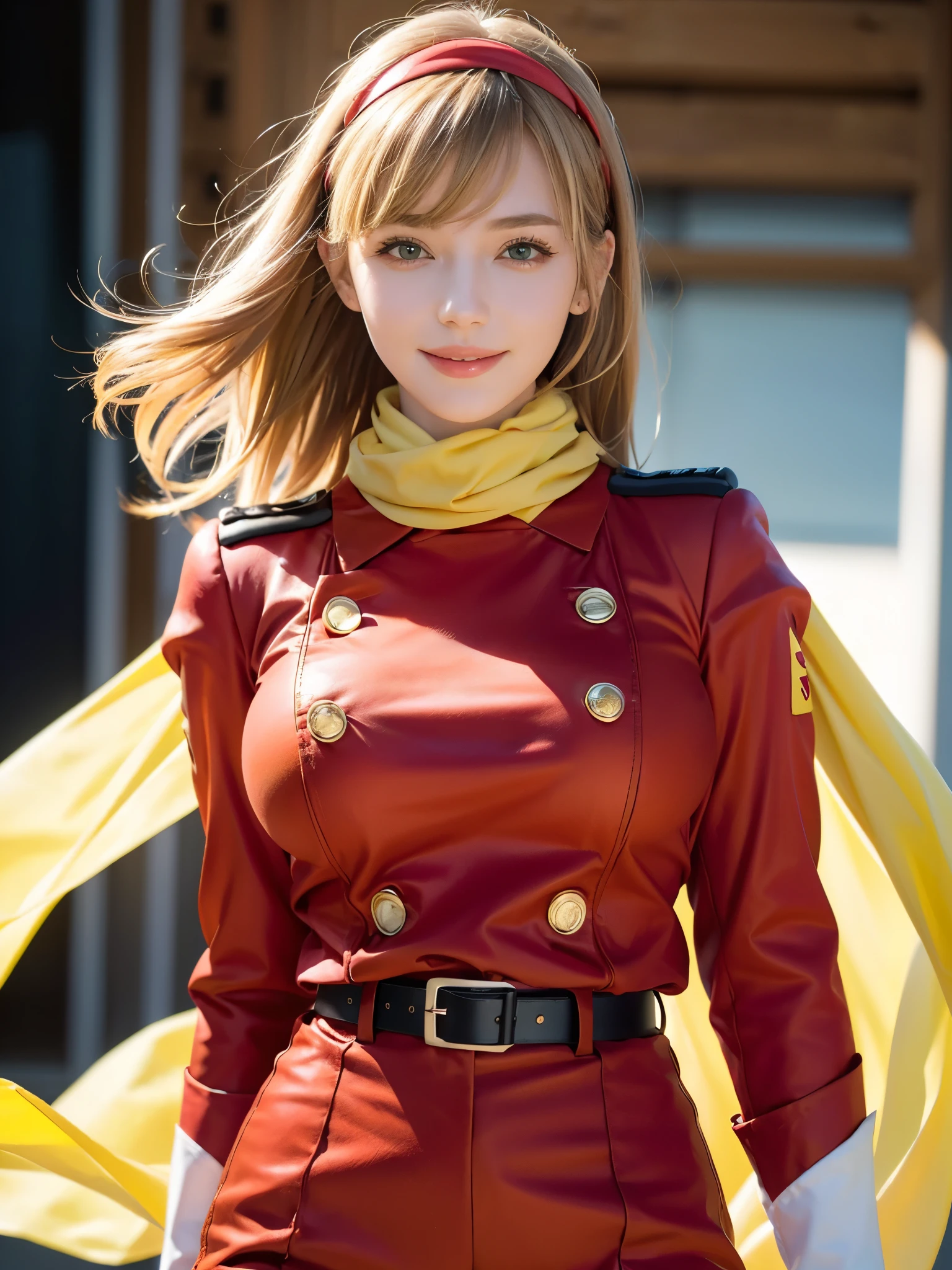 1girl, Alone, (cute french girl), 18yo, Young female, Low Height, slim body, (smile:1.2), Looking at camera,
break
upper body, (portrait:1.2), seductive pose with sensual face,
break
Professional photo-realistic images, (16k, RAW photo, best quality, masterpiece:1.2), (realistic, photo-realistic:1.4), (extremely detailed 8k wallpaper), sharp focus, depth of field, blur background, bokeh, cinematic lighting, soft light, High resolution 16k close-up of human skin,
break
perfectly round breasts, busty breasts,
break
FrancoiseArnoul, blond hair, medium hair, red hairband, (red uniform:1.5, red pants:1.3), long sleeves, belt, black boots, (yellow scarf'1.5),