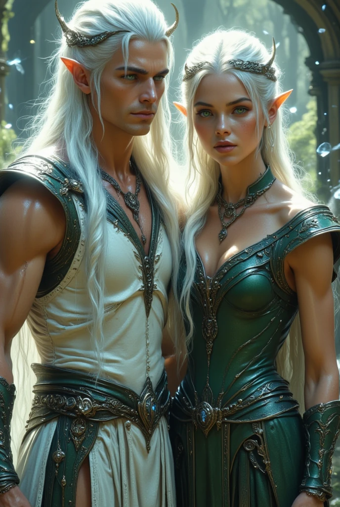 Tall elf woman with long silver hair, red eyes, pale skin, large breasts, wide hips and thick thighs wearing a long white dress standing next to a human male with short blonde hair, blue eyes, human ears, a full beard, muscular body wearing silver fantasy knoght armor, fantasy, couple, forest background, detailed face, detailed eyes, UHD 8K