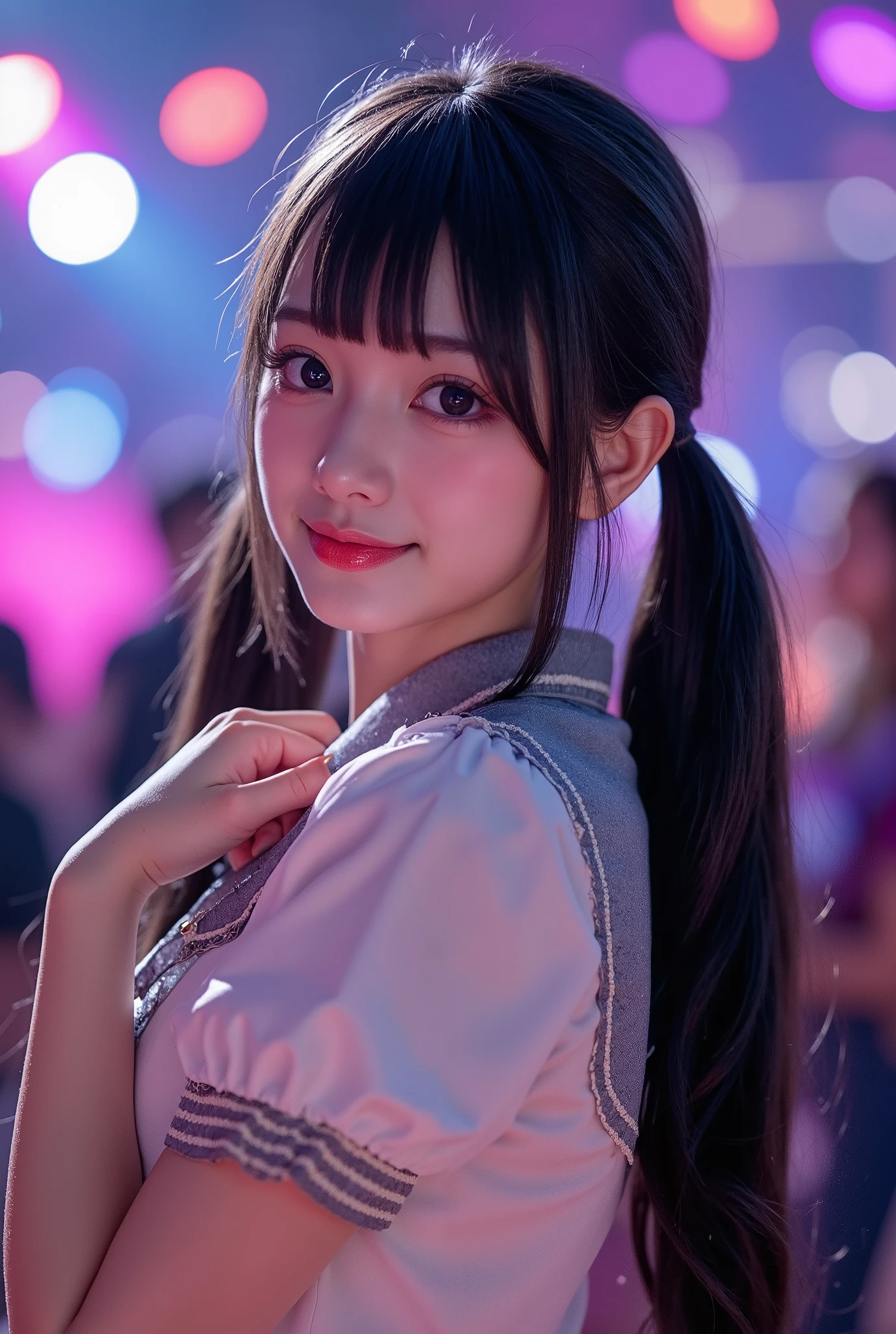 extremely detailed, (score 9, score 8 up, score 7 up, very detailed, detailed, sharp focus, 8K UHD), realistic full-body photo of a petite and very young Japanese woman, (((cowboy shot))), happy smiling face, detailed facial depiction, detailed eye depiction, large eyes with double eyelids, thick lips, black hair, black pupils, idol singer in frilly stage costume singing on stage, backing band behind, brilliant colorful effective lighting, very fantastical, depth of field photo, spirit, analog style, sharp focus, 8K UHD, blunt pigtails, looking at the viewer.