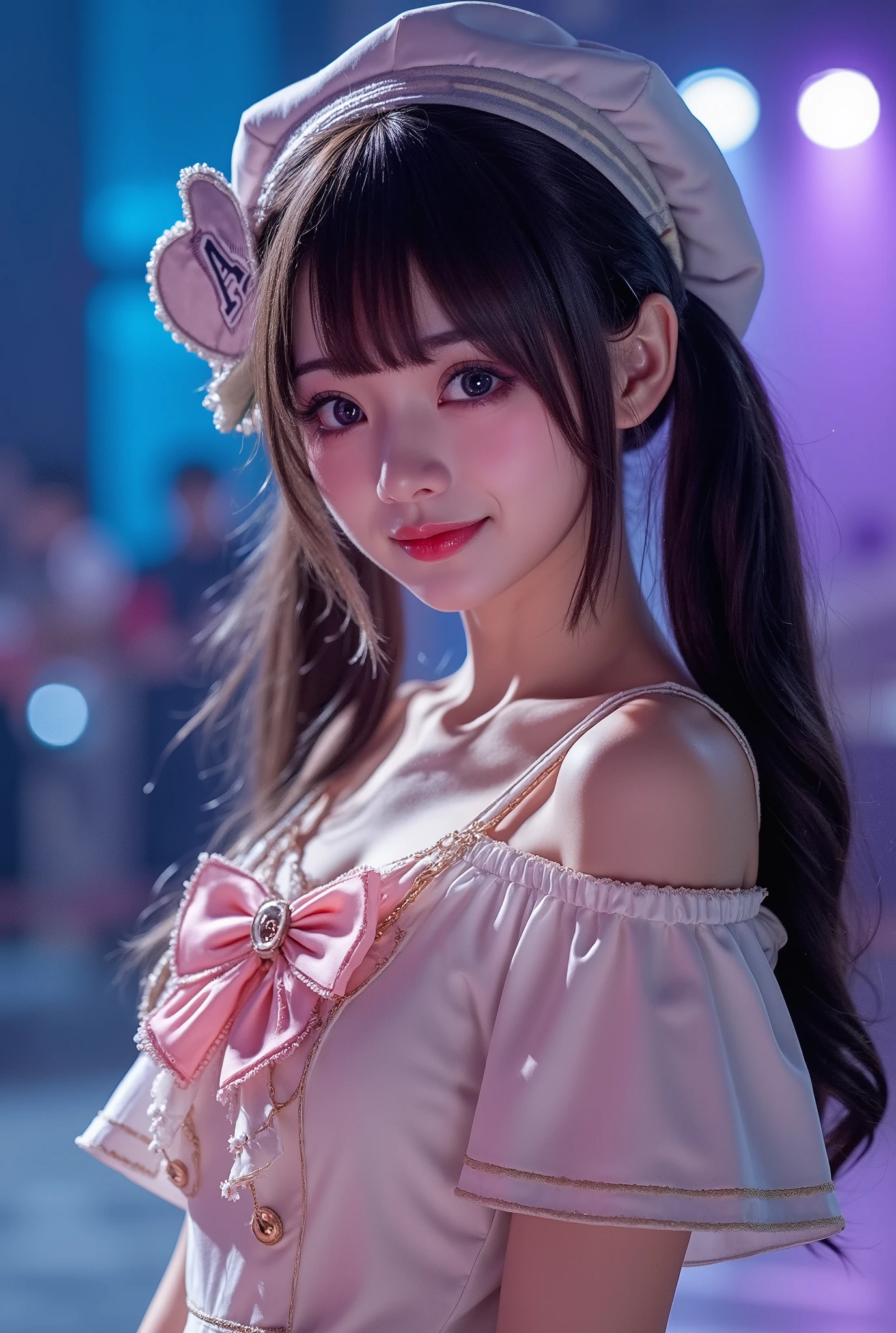 ((sfw: 1.4)),((detailed face, professional photography)), ((sfw, idol costume, idol uniform, on stage, 1 Girl)), Ultra High Resolution, (Realistic: 1.4), RAW Photo, Best Quality, (Photorealistic Stick), Focus, Soft Light, ((20 years old)), ((Japanese)), (( (young face))), (surface), (depth of field), masterpiece, (realistic), woman, bangs, ((1 girl))