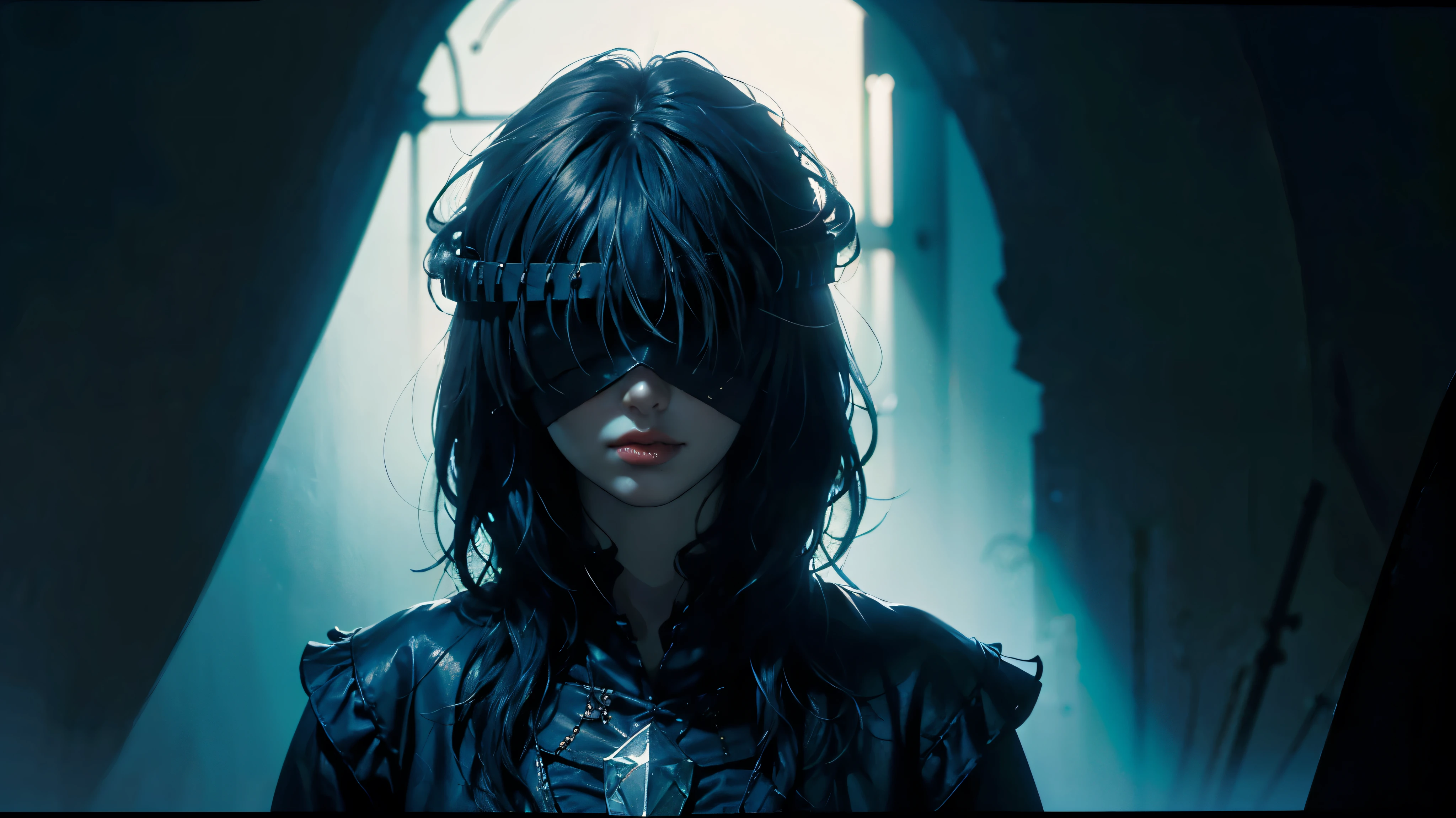 A mysterious asian girl with short black hair, wearing a black high-collared outfit with a glossy texture. (((Her eyes are covered by a black blindfold.))) The background is completely dark, with soft cinematic lighting highlighting her pale skin. The image has a moody, ethereal, and semi-realistic art style. center position. heads up. short bob hair. medium shot. no cut on head. ((dark crystal mask covering eyes, semi-transparent obsidian, glowing black edges))