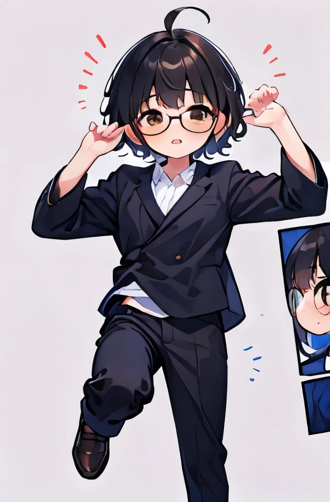 {best quality}, {{masterpiece}}, {highres}, solo, sharp focus, {{total body}}, full body, {{standing}}, {{toe}}, {{businessman}}, boy, 1boy, , black hair, brown eyes, black glasses, simple background, kindness face, short hair, looking at viewer, simple background, {{{big laugh}}}, ahoge, curly hair, {{{tall body}}}, leggy body, illustration, anime style, tachi-e, {{arm up}}, {{{with one hand raised}}}, {{{typography shirt}}}, {{{shota}}}