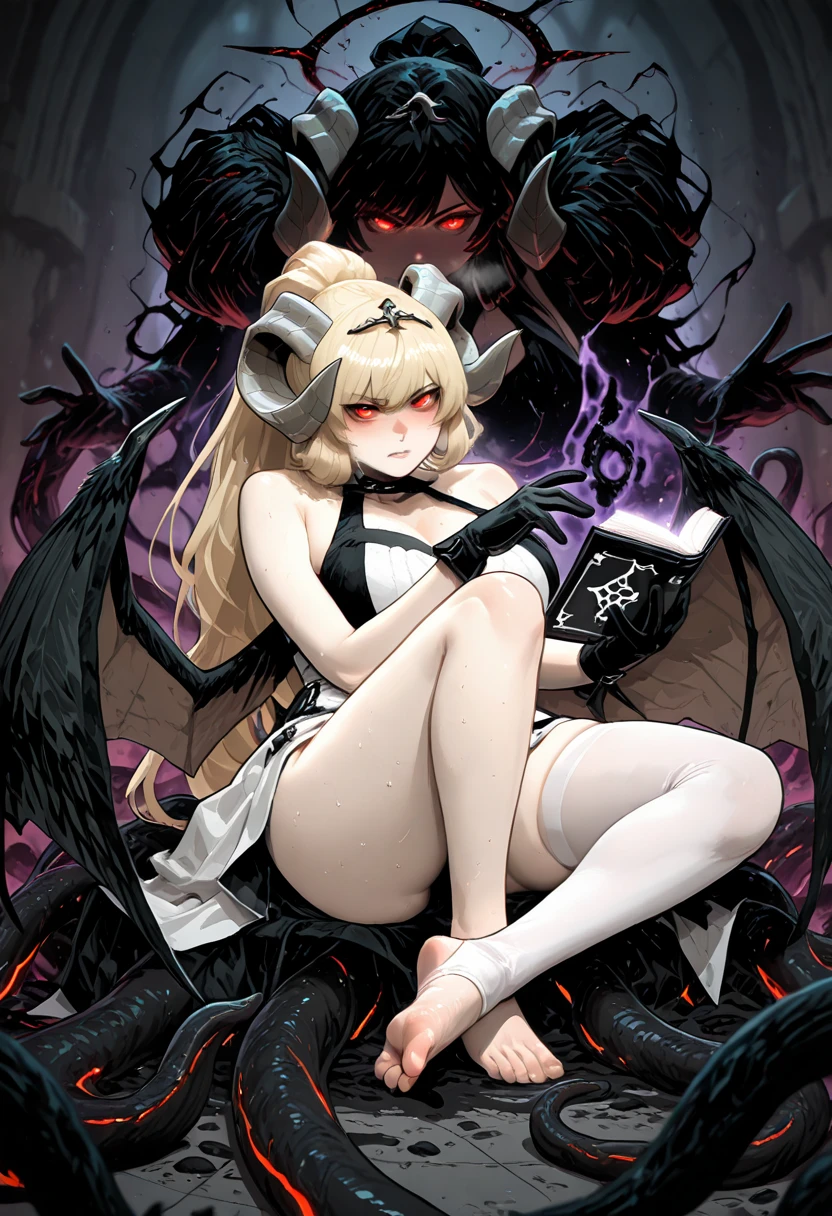 mythp0rt, (Gogalking-style:1.2), (Luxu-style:1.5), Masterpiece, high quality, absurdres, best quality, very aesthetic, newest, dramatic light, chiaroscuro technically, contrasting color, dynamic composition, anatomical correct, HD, 4K, digital art, trending on DeviantArt, perfect body, perfect eyes, makeup, de\tailed eyes, perfect fingers, gasping, heavy breathing, excessive sweating, sweating, sweating profusely, gasping profusely, cinematic, ((skindentation)), ((voluptuous)), lucifer, 1girl, mature female, demon girl, pointy ears, demon horns, curled horns, sheep horns, long hair, blonde hair, ponytail, red eyes, big breasts, tiara, bright pupils, 1girl, tentacles, halo, single_thighhigh, feet, thighhighs, book, gloves, barefoot, looking_at_viewer, holding, toes, wings, holding_book, solo, low_wings, dress, white_thighhighs, soles, sitting, legs, black_gloves, full_body, thighs, bare_shoulders, blush, (dark aura), ((black aura)), glowing eyes, (aura:1.4), looking at viewers,
