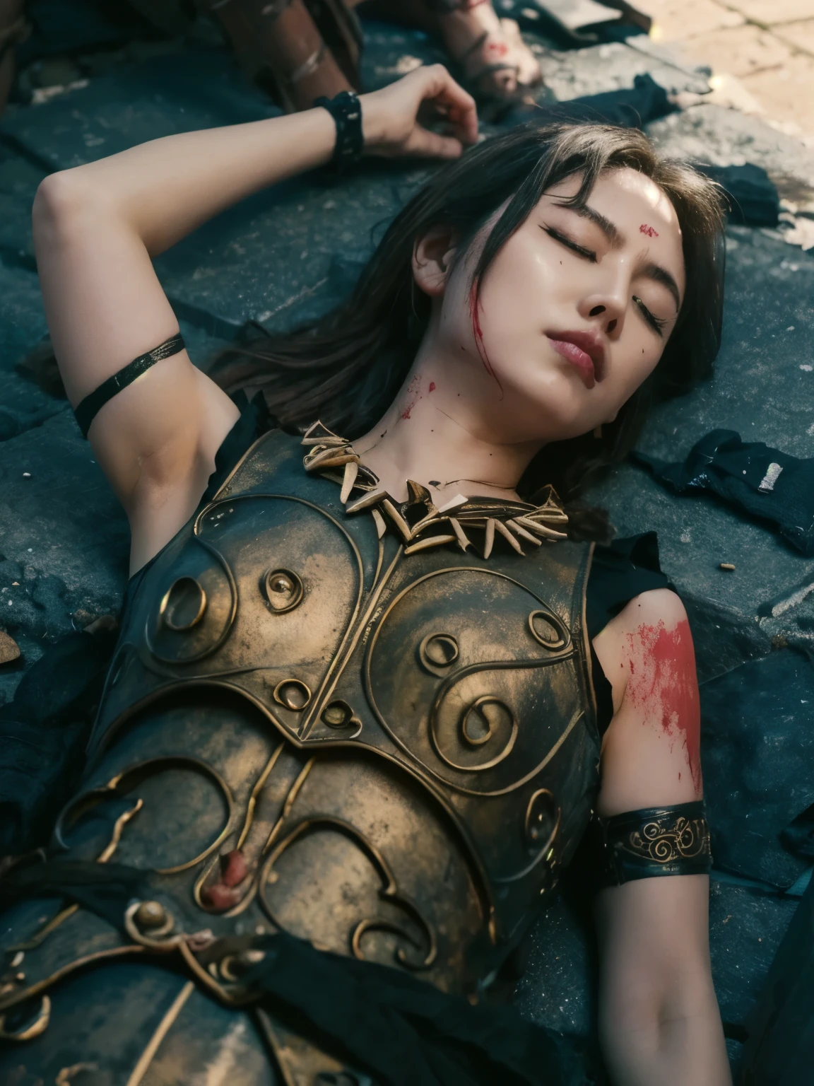 lying on my back on the ground, Unconscious, eyes closed , underwear, Torn, Covered in scars , Bleeding, Torn服, stains, High Resolution, masterpiece, Bruises, Torn服 , Disconnect, stains, sweat