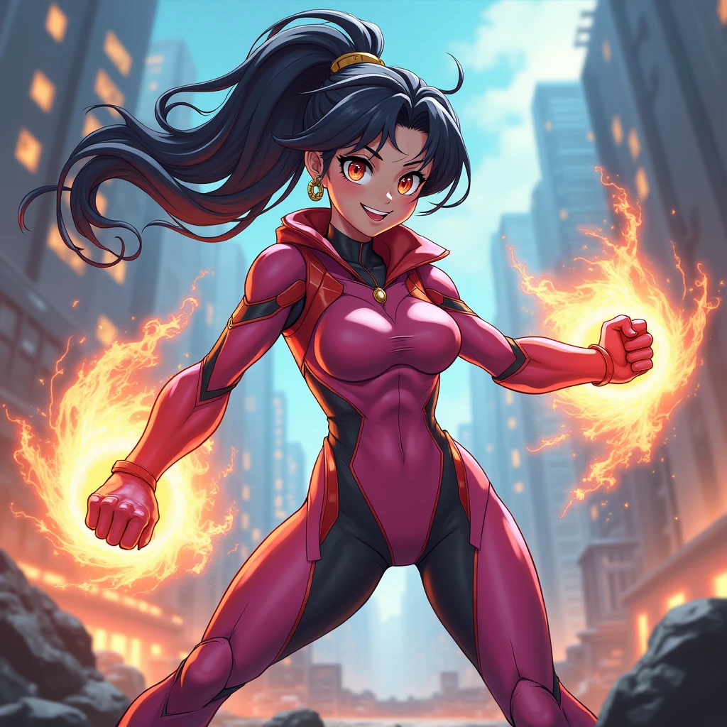 1 woman, athletic physique, long black hair, red mask, white lenses, red bodysuit, yellow symbol, yellow gloves, yellow boots, spider power