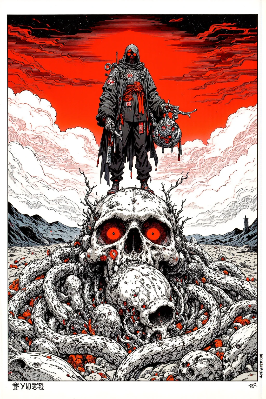 The skull of a red-eyed giant is buried in the desert,There is an Ukiyo-e of a man standing on that skull,skull painting,Red skull nose, detailed cover art ,Black Details ,Scary works, Exorcist ,abstract and abstract sky, mystical horror art , burning bright red hollow eyes,mixed style Ukiyo-e manga,Ink Sketch, picture drawn with brush and ink  ,Professional Drawing  , Black and white painting ,  Ink painting  , sharp concentration , Super Detailed Picture Inspired by Lotte Reiniger,ukiyo-e,   繊細なInk paintingの詳細  ,  Extra Fine Ink details ,occult art  ,  graphic details   ,  Ink drawing  , Detail shot,  Amazing Details , Ukiyo-e style with black and white airbrush painting ,