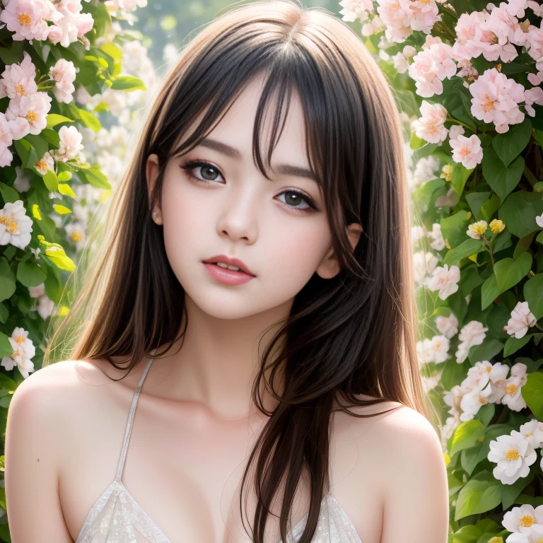 Beautuful Women、(top-quality、in 8K、32K、masterpiece、nffsw:1.3)、(Photorealsitic:1.4)、realisitic:1.2、Detailed skin、Elegance、top grade、Sunglare、lensflare、Detailed shading by sunlight、depth of fields、blurry backround、( White off-the-shoulder dress)、Wisteria shelf、Wisteria flowers、ear ornament、lady's、a necklace、(A sexy:1.2)、breastsout、
