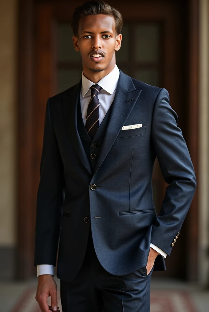 Generate a high-resolution image of a strikingly handsome, light-skinned 18-year-old African boy with a well-groomed appearance. He should be wearing a perfectly tailored dark suit, complete with a crisp white dress shirt and a stylish tie. Ensure his expression is confident and approachable, and include subtle details like a pocket square and polished dress shoes. The background should be simple and elegant to keep the focus on his sophisticated look.