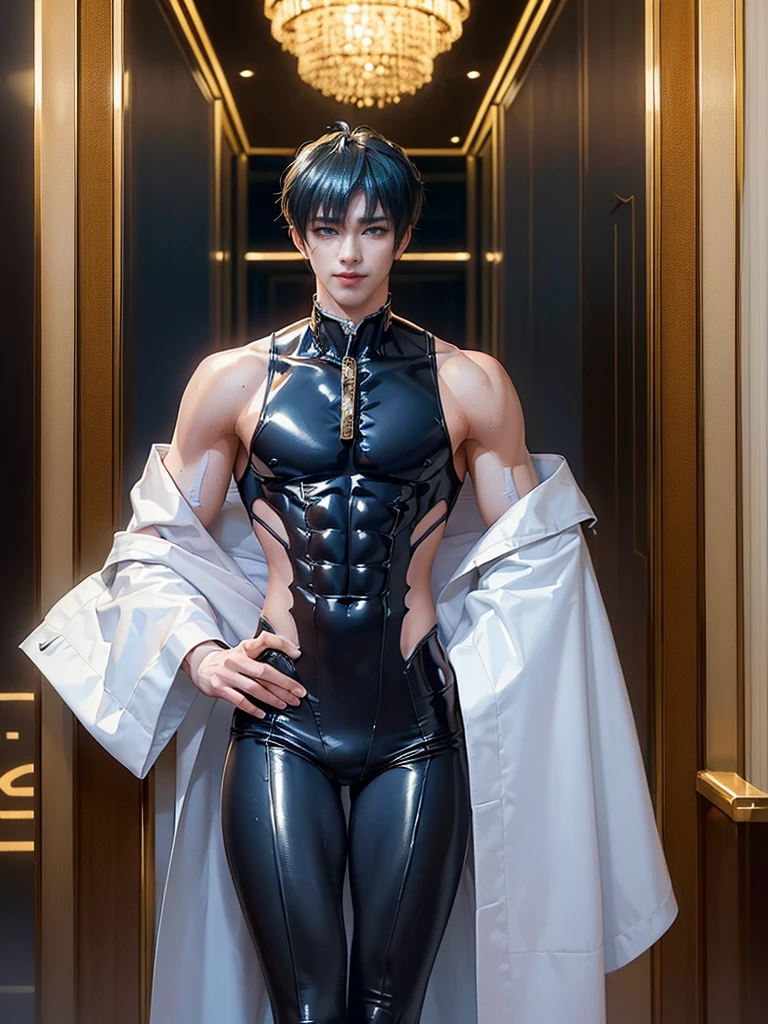 ((best quality)), ((masterpiece)), ((realistic)), (detailed)
muscular male, narrow waist,  Slim waist, shiny latex white bodysuit, gloves,  jacket, ,<lora:saotomejin-08:1>, spiked hair, ((white latex bodysuit)),
1boy, , jacket, pants, shiny latex white bodysuit,  ) (headband1.2)
saotomejin, headband, belt, open eyes, big eyes, ,
, boots,  , ,(japanese male), ,(japanese),, ((thin)), ((headband))
, male focus, masculine,
, (spikes), (belt) , (leg belt), (gym background)
( screaming, yelling, craying, open eyes, , full body, stand,  , hands covering crotch,) (crotch pain)  <lora:Crotch_pain:1>