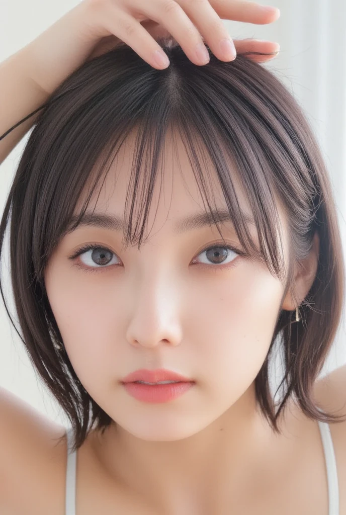 (((smile、Focus on the eyes:1.1、Extremely detailed:1.22、Ultra-high resolution、masterpiece:1.45、Highest quality)))、((((Whole body expression:1.68、camisole、Leaning forward、One person))))、long, straight black hair、So that every single hair is clearly visible、The subtle color changes of hair depending on how the light hits it、 Skin has a natural glow、Fine skin texture、Representing the fine details of pores:1.25、Details of the light redness on the forehead and cheeks、(((Eyes with fine iris details、The eyes depict color gradations and patterns.、Long, natural-looking eyelashes, each and every one visible、Well-groomed eyebrows、眉毛のindivual々The hair is clearly visible、Light reflecting off into the eye、The light in the eyes creates small highlights)))、The nose is delicate、Fine detail on the nostrils、Lips are plump and naturally pink、Depicts the fine lines and soft curves of the lips、lips are shiny and、The gloss on your lips accentuates their shape.、(((Detailed depiction of lip texture、Particular attention to the depiction of light and shadow、Soft natural light gently illuminates the face from the front、A faint glow on the forehead、A slight shine on the nose、A slight glow on the cheeks、Shadows are cast softly along the contours of the face、Accentuate the sides of your cheekbones、Accentuate the sides of the jawline、Emphasize the sides of the nose、The gloss on her lips reflects the light faintly、Lips emphasize the plump texture、The shadow of the hair gives depth and dimension、indivual々The hair shines in the light、