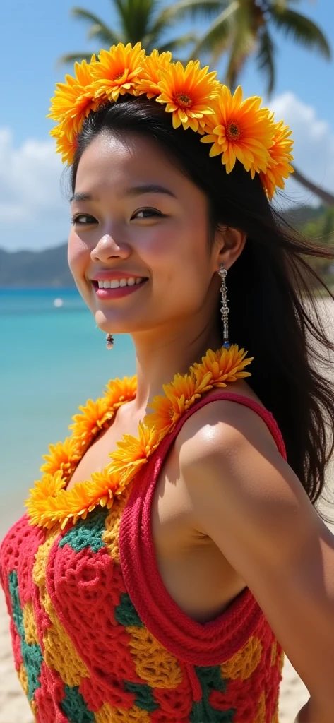 toppless.(((Naked_Hawaiian flower lei on bare chest))),(((Hawaiian loincloth skirt))).((top-quality、8K分辨率、Master masterpiece、Portrait:1.3)), (((Cowboy Shot))),Photorealsitic, tissue, 35㎜ film,((A MILF_femele:1.2)), 1 Japan Woman, Beautie, 45 yers old,Wrinkles at the corners of the eyes, (pigtail), Seductive smile、naughty expression、Heavy breathing,(realisitic:1.7),(Sandy beach with sea view_outdoor shooting),during daytime,blue-sky