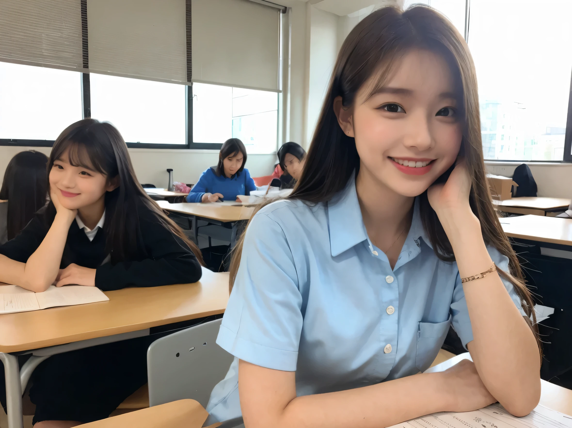 Asian, taiwanese, masterpiece, one girl, kawaii, best quality, pretty, student, school, bestie, happy moment, at class room, pov, bob hair, fair skin, smiling, brown hair, 