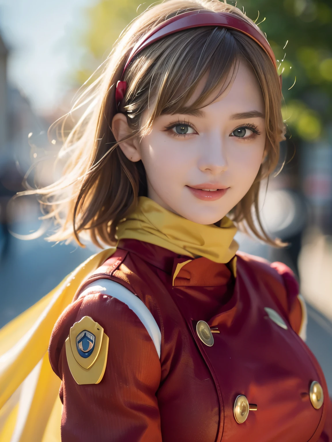 1girl, Alone, (cute french girl), 18yo, Young female, Low Height, slim body, (smile:1.2), Looking at camera,
break
upper body, (portrait:1.2), seductive pose with sensual face,
break
Professional photo-realistic images, (16k, RAW photo, best quality, masterpiece:1.2), (realistic, photo-realistic:1.4), (extremely detailed 8k wallpaper), sharp focus, depth of field, blur background, bokeh, cinematic lighting, soft light, High resolution 16k close-up of human skin,
break
perfectly round breasts, busty breasts,
break
FrancoiseArnoul, blond hair, medium hair, red hairband, (red uniform:1.5, red pants:1.3), long sleeves, belt, black boots, (yellow scarf'1.5),