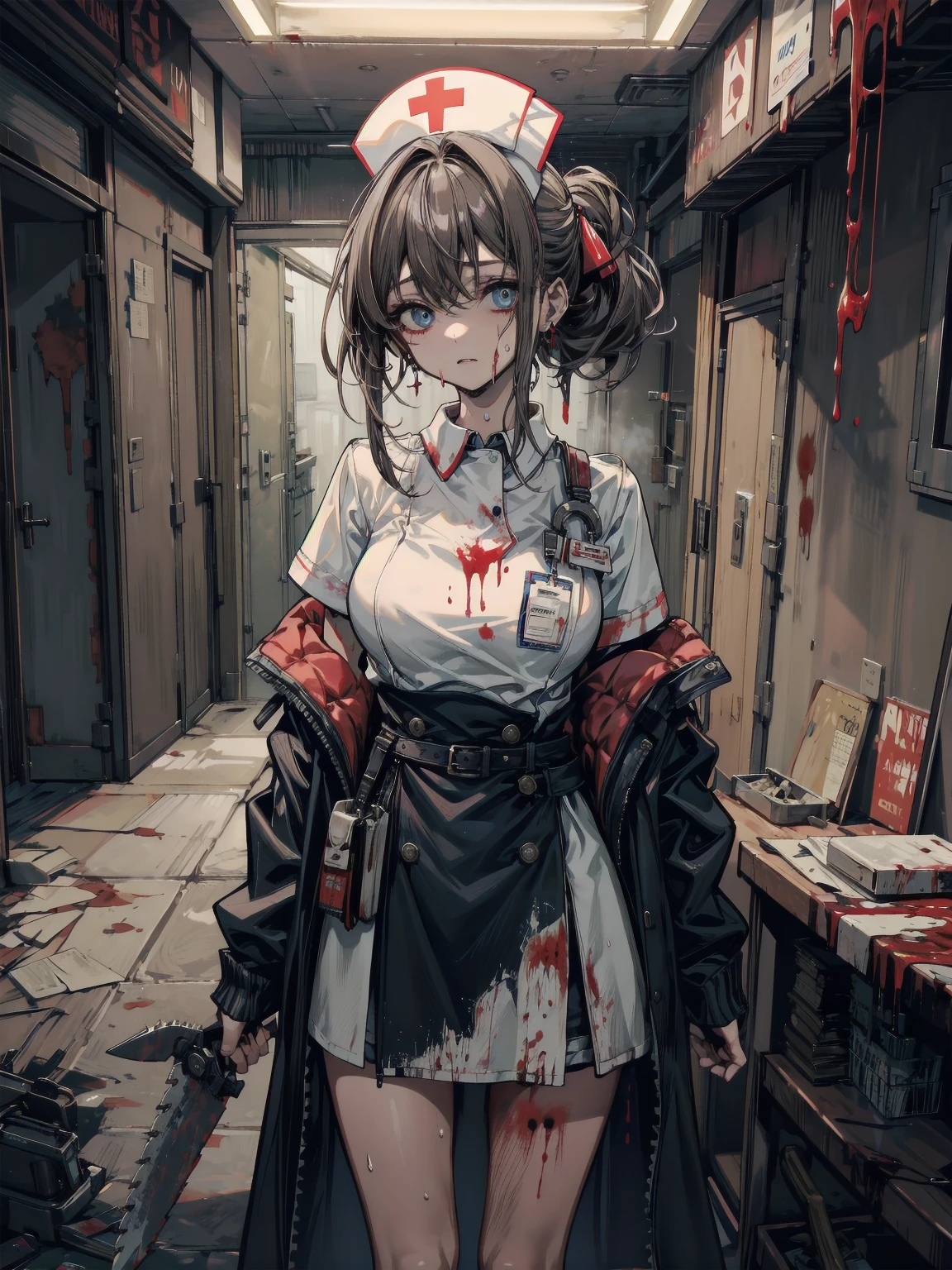 highest quality、masterpiece、1 girl、hospital background、black hair :1.5、red eyes 、red lips, Police uniform 、Black and white world、Black and white world、medium hair 、side blade,evil smile, blunt bangs , hair ornaments, night ,blood on face, blood on clothes