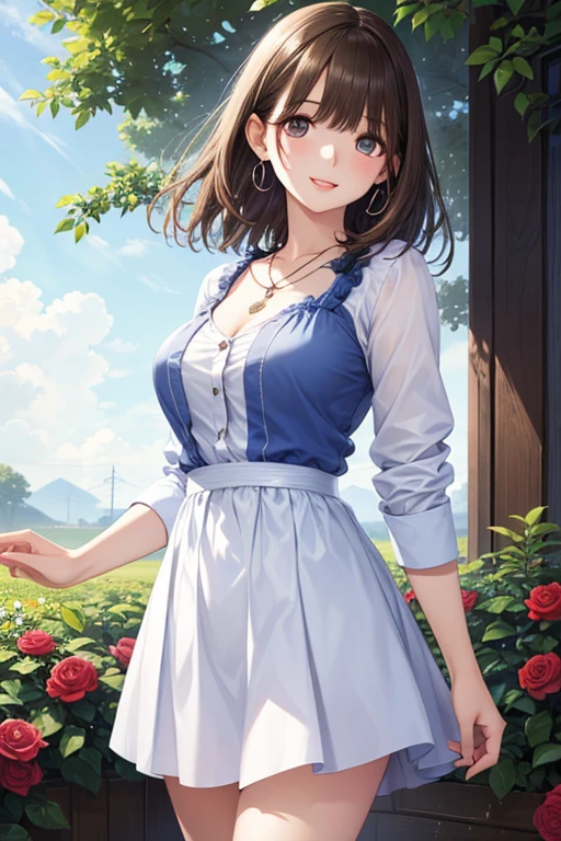 one woman, alone, middle aged, きれいなmiddle agedの女性、I could see the whole body、 ((short hair)), ((brown eyes, beautiful eyelashes, realistic eyes)), ((detailed face, blush:1.2)), ((smooth texture:0.75, realistic texture:0.65, realistic:1.1, Anime CG style)), ((glamorous body)),((big breasts)), dynamic angle, perfect body, ((light purple sheer blouse, red skirt))、(Hotel stairs)、that&#39;the wind is strong、(Very embarrassing panic smile)、I can see her panties sticking out in front of me., Angle seen from the top of the stairs、 (((The wind pulled up my skirt、My pants are completely exposed..、Pink floral panties)))、((masterpiece, highest quality, High resolution, perfect pixel, 8K,))), 