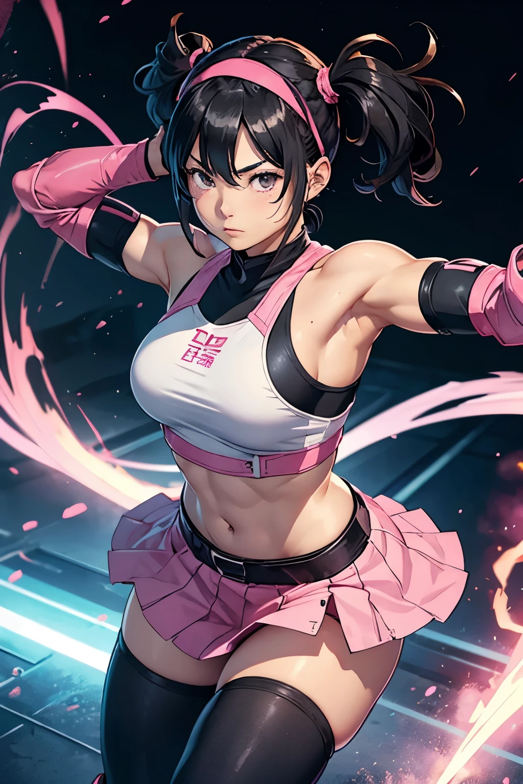 Nothing:1.5,best qualityer,1 girl abs bangs black hair between clothes breasts female focus hairless halter top look audience medium breasts outside the navel pink eyes open  spike bracelet thigh space 2 beast girl