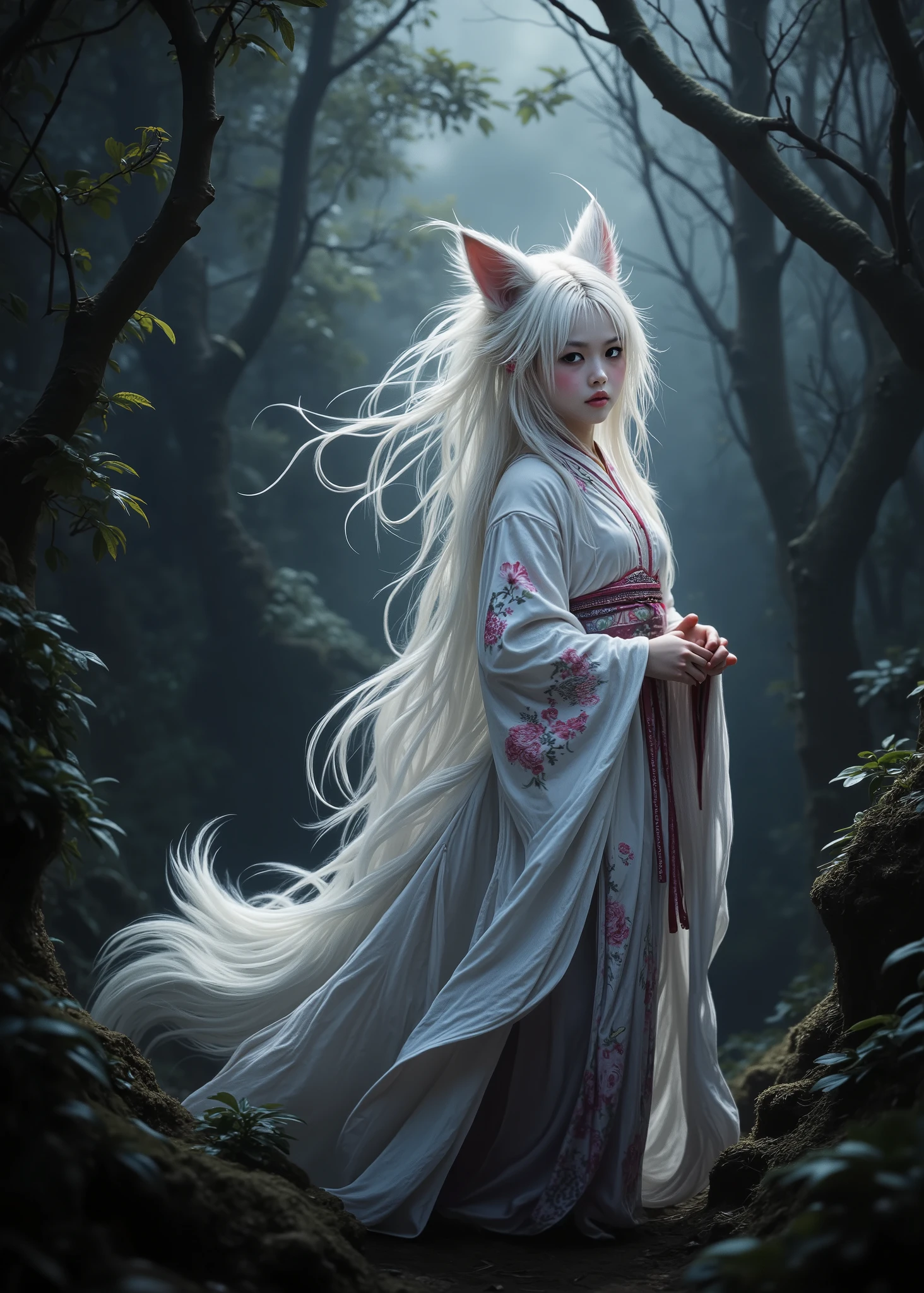 Japanese Yokai、The white fox turned into a human、pink blush with purple eyeshadow、wearing a shrine maiden costume、 into the dark forest、movie light、 realistic