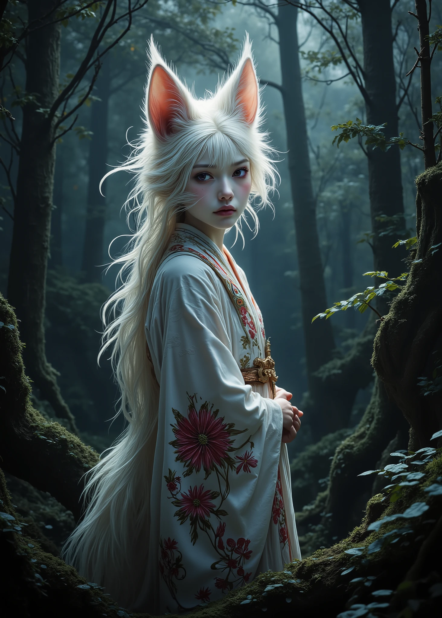 Japanese Yokai、The white fox turned into a human、pink blush with purple eyeshadow、wearing a shrine maiden costume、 into the dark forest、movie light、 realistic
