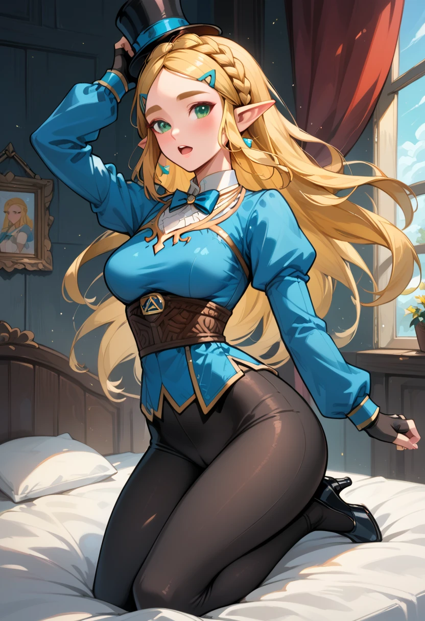 masterpiece, best_quality, 1girl, solo, princess zelda, nintendo, the legend of zelda, botw, black pants, , tight clothing, (), blushing, happy, smiling
