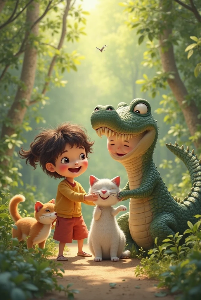 There are friends, a cat and a crocodile.
