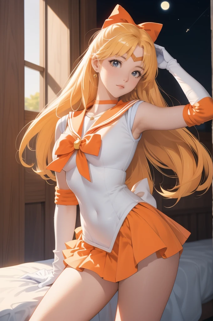 Aino Minako Aino Minako,White sailor suit, orange necklace, shooting angle from bottom to top, looking up angle, orange short skirt, ultra short skirt, red bow tied at the back of the head, sleeveless, white long gloves, white underwear, long legs, golden hair, bow tied at the back of the head, holding a magic wand in hand, the other on the waist, background is the night sky, curved moon, great figure, great figure, long legs, beautiful legs