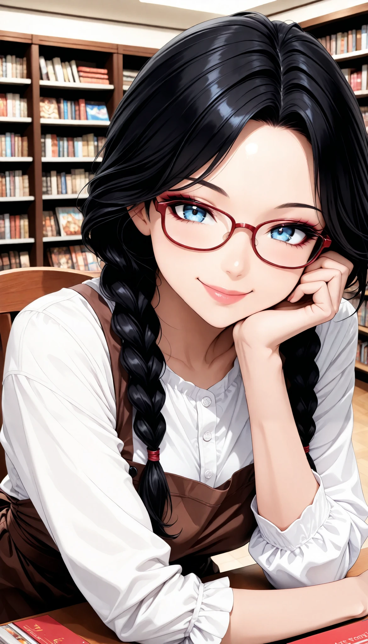 sexy women, fashion model figure, black hair, loose braids , Red Framed Glasses, ( Smile), Secondhand Bookstore Clerk, blouse, Brown Apron, beautiful eyes, beautiful lips, very detailed目と顔, long eyelashes, (face close-up), with a shallow depth of field:1.2, blur the background, (chair:1.4, headrest, Bookstore Background), (highest quality, very detailed, CG illustration, masterpiece:1.2, Aesthetics at its best),