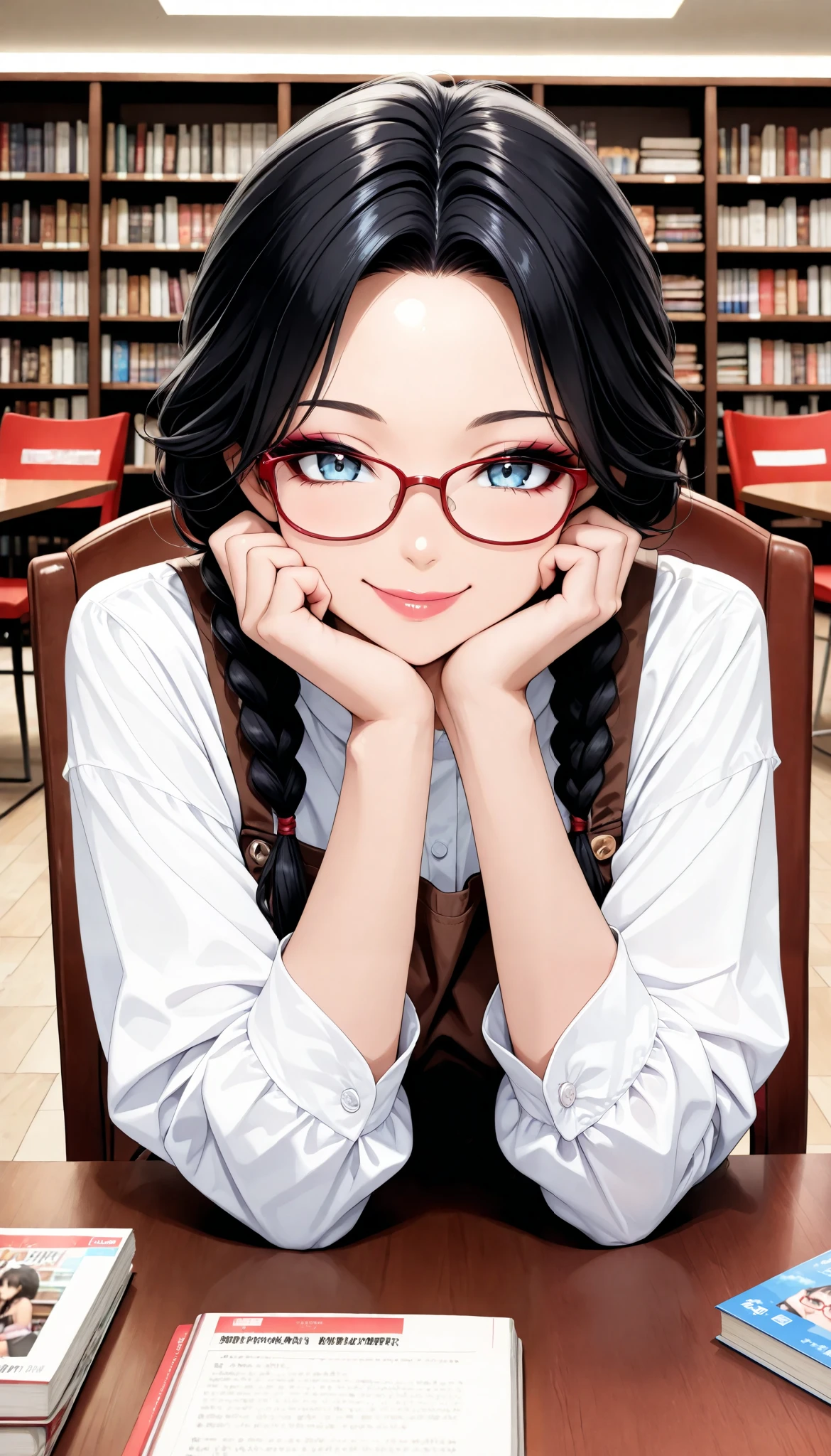 sexy women, fashion model figure, black hair, loose braids , Red Framed Glasses, ( Smile), Secondhand Bookstore Clerk, blouse, Brown Apron, beautiful eyes, beautiful lips, very detailed目と顔, long eyelashes, (face close-up), with a shallow depth of field:1.2, blur the background, (chair:1.4, headrest, Bookstore Background), (highest quality, very detailed, CG illustration, masterpiece:1.2, Aesthetics at its best),