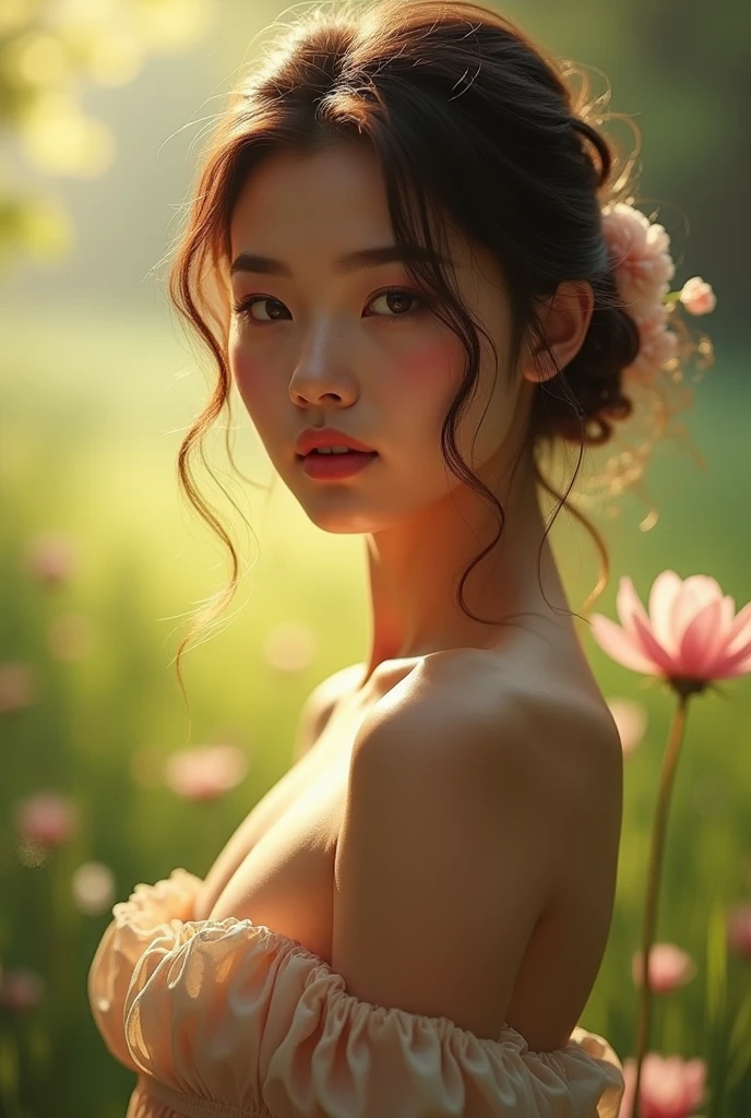 a detailed portrait of a beautiful young woman in a garden, long flowing white dress, delicate facial features, detailed eyes and lips, intricate flower crown, sunlight filtering through trees, lush green foliage, cinematic lighting, elegant and ethereal, dreamlike, pastel color palette, (best quality,4k,8k,highres,masterpiece:1.2),ultra-detailed,(realistic,photorealistic,photo-realistic:1.37)