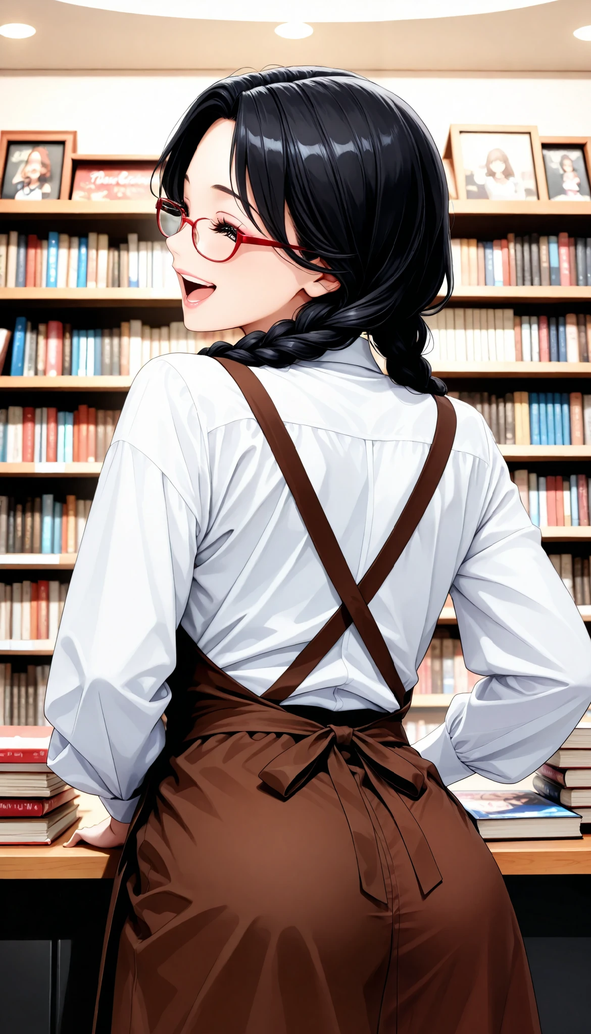 sexy women, fashion model figure, black hair, loose braids , Red Framed Glasses, ( laugh, fine), Secondhand Bookstore Clerk, blouse, Brown Apron, beautiful eyes, beautiful lips, very detailed目と顔, long eyelashes, (face close-up), with a shallow depth of field:1.2, blur the background, (cowboy shot:1.2, facing backwards, cute pose, Bookstore Background), (highest quality, very detailed, CG illustration, masterpiece:1.2, Aesthetics at its best),