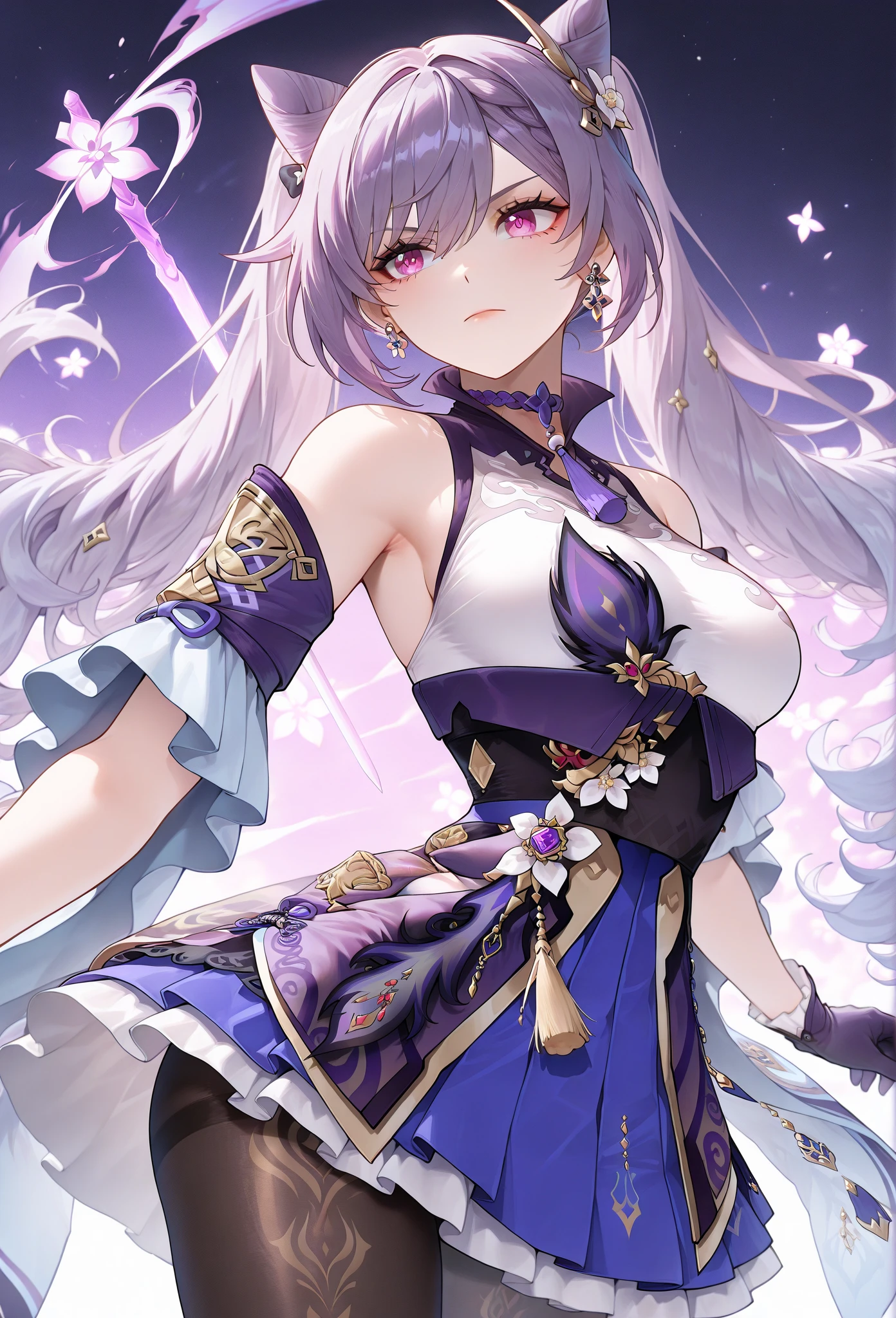 (((masterpiece)))、(((top-quality)))、((ultra-detailliert))、(illustratio)、((extremely delicate and beautiful))、dynamic ungle、A smile、floating、Light purple hair、(beatiful detailed eyes)、(Detailed light) (1girl in)、独奏、floating_hair、radiant eyes、Twin-tailed、Purple Holter Dress、Adan、Tarot Cards、an legs