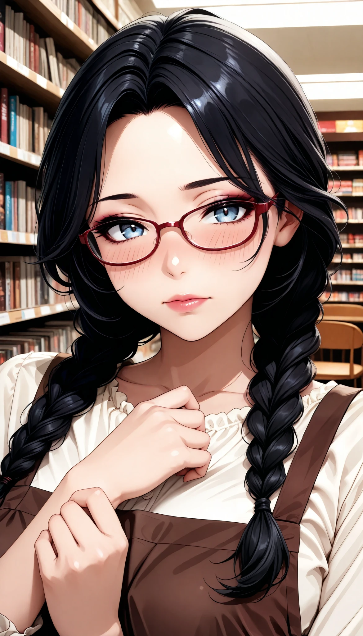 sexy women, fashion model figure, black hair, loose braids , Red Framed Glasses, (is embarrassing, cover face with hand, blush), Secondhand Bookstore Clerk, blouse, Brown Apron, beautiful eyes, beautiful lips, very detailed目と顔, long eyelashes, (face close-up), with a shallow depth of field:1.2, blur the background, (chair:1.4, Bookstore Background), (highest quality, very detailed, CG illustration, masterpiece:1.2, Aesthetics at its best),
