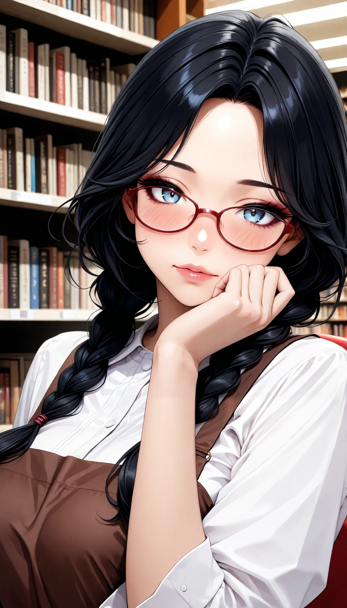 sexy women, fashion model figure, black hair, loose braids , Red Framed Glasses, (is embarrassing, cover face with hand, blush), Secondhand Bookstore Clerk, blouse, Brown Apron, beautiful eyes, beautiful lips, very detailed目と顔, long eyelashes, (face close-up), with a shallow depth of field:1.2, blur the background, (chair:1.4, Bookstore Background), (highest quality, very detailed, CG illustration, masterpiece:1.2, Aesthetics at its best),