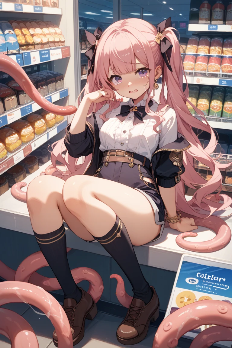 A pink haired woman with violet eyes is working with a red haired woman with red eyes in a candy shop in striped uniforms