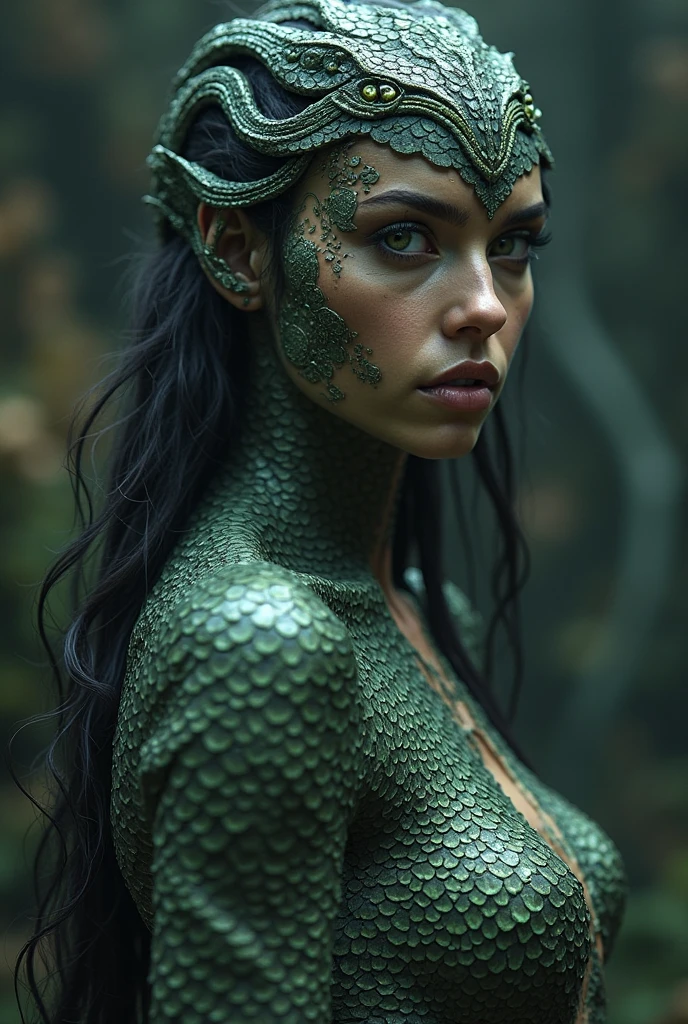Positive prompt: "An ultra-realistic depiction of Medusa, the mythical Gorgon from Greek mythology. Medusa is depicted with a fierce and captivating expression. Her hair is composed of live, writhing snakes, each with sharp eyes and fangs. Her skin has a scaly texture with a slight greenish tint, giving her an eerie and otherworldly appearance. She has a serpent-like lower body, coiled and powerful, and she is holding a bow, ready to shoot an arrow. Her attire is minimal, emphasizing her serpentine features. The background is a dark, ancient setting, highlighting her deadly and mystical nature.""Include blood, gore, violence, wounds, injuries, corpses, decay, rotten elements, horror elements, scary faces, monsters, grotesque details, mutilation, dismemberment, dark themes, disturbing content, graphic content, explicit content, nightmarish elements."