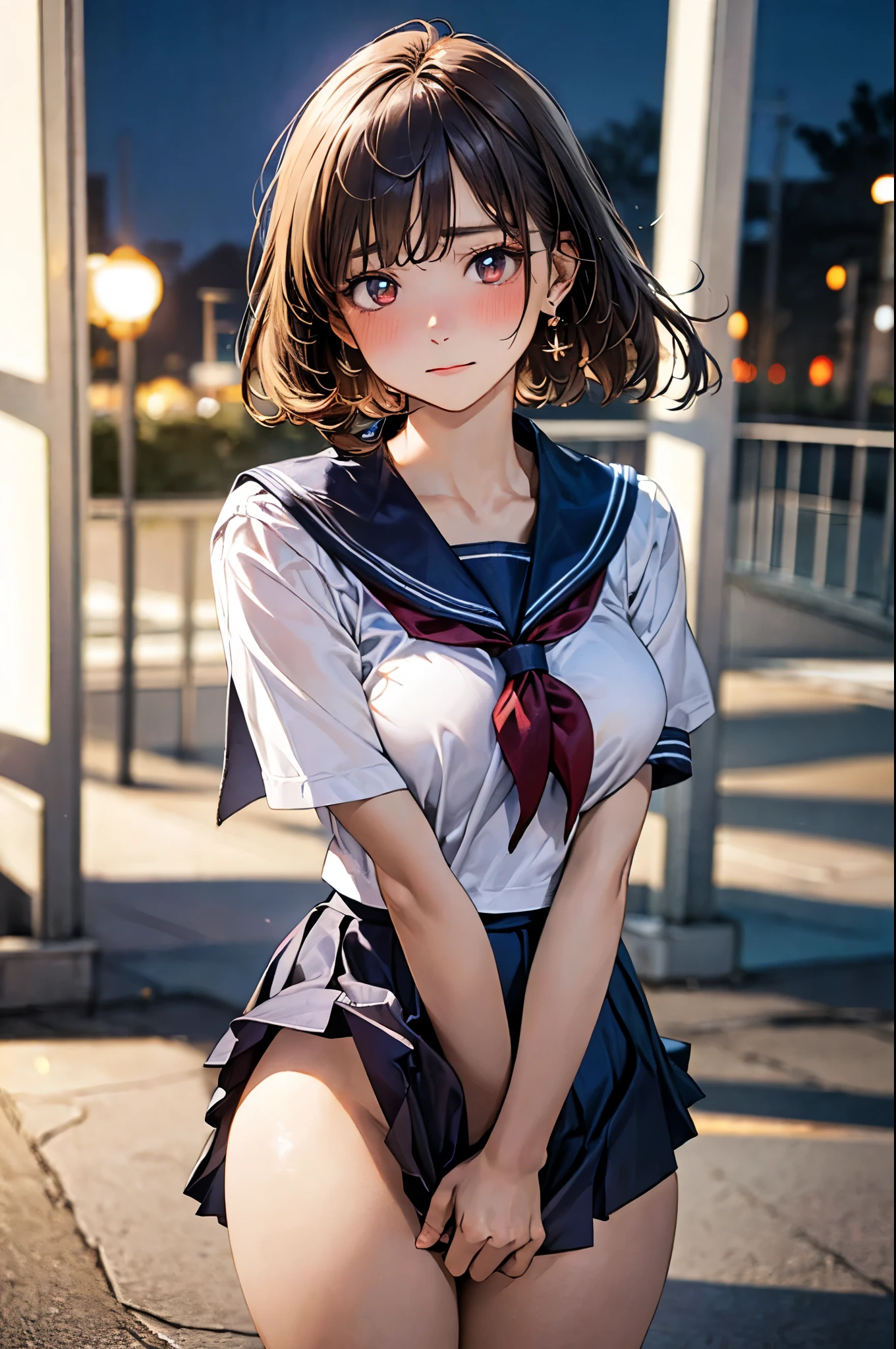 (((perfect ???????, anatomically correct, super detailed skin))), 1 girl, japanese, high school girl, shiny skin, watching the viewer, 
beautiful hair, beautiful face, beautiful detailed eyes, (short hair:1.1, bob cut:1.2), dark blonde hair:1, blue eyes, babyface, mole under eye, 
beautiful clavicle, beautiful body, beautiful breasts, large breasts:0.5, beautiful thighs, beautiful legs, 
((short sleeves, all navy cute sailor suit, navy pleated skirt, navy sailor collar, blue sailor scarf, socks, brown loafers)), seductive thighs, , 
((ahegao, ashamed, droolng, open mouth, sweaty)), ((squatting, spread legs, hand in panties, lifting skirt myself)), 
(beautiful scenery), summer, school rooftop, building, chain-link fence, 
8k, top quality, masterpiece​:1.2, extremely detailed), (photorealistic), beautiful illustration, natural lighting, ,