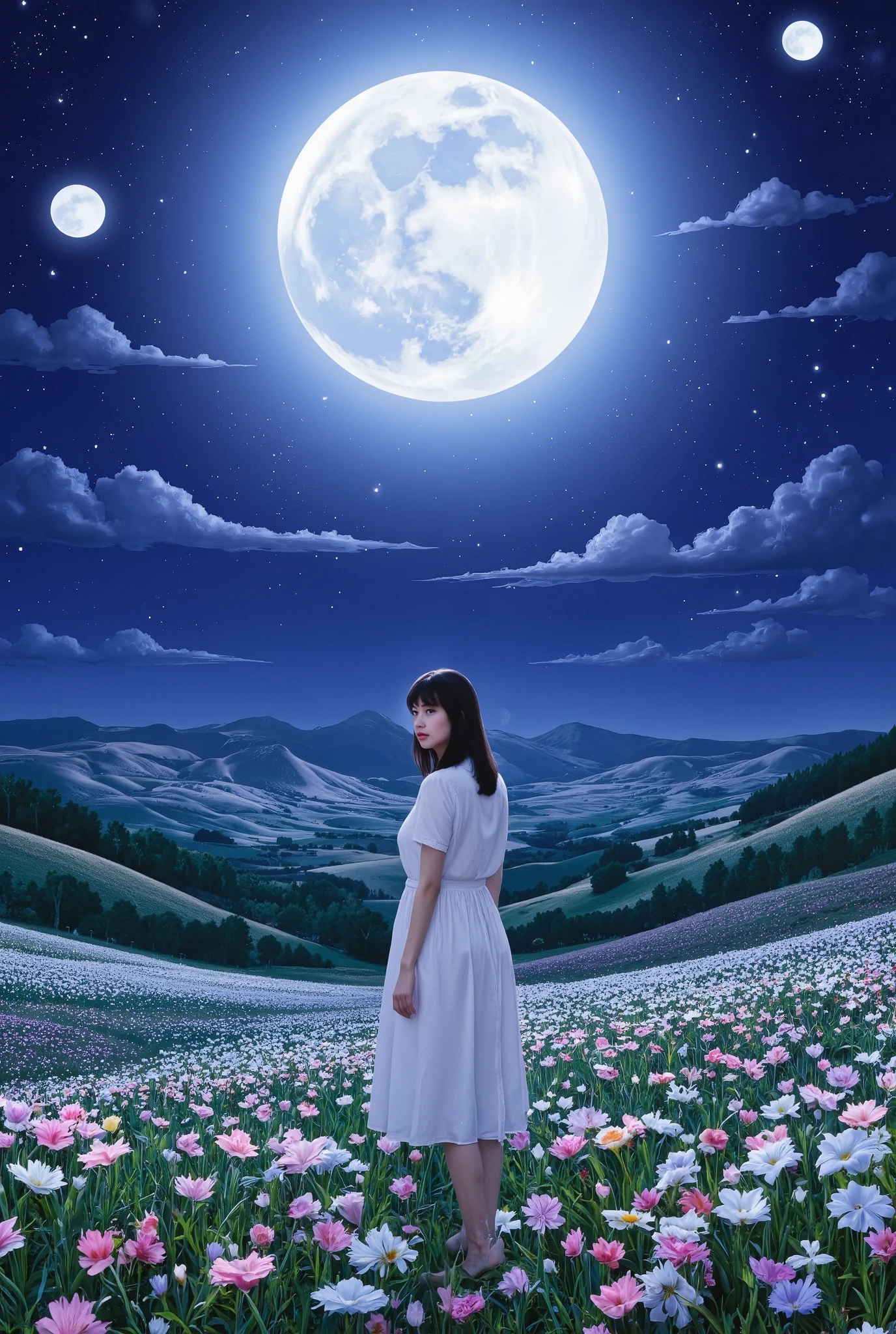 Create an image of a stunning 20-year-old Japanese girl with fair skin stands gracefully in a moonlit flower field. She has medium-length straight hair with parted bangs, and she wears a white summer dress. The background features a stunning patchwork of flowers sprawling across the hills, illuminated by the enchanting glow of a large moon, creating a magical atmosphere.