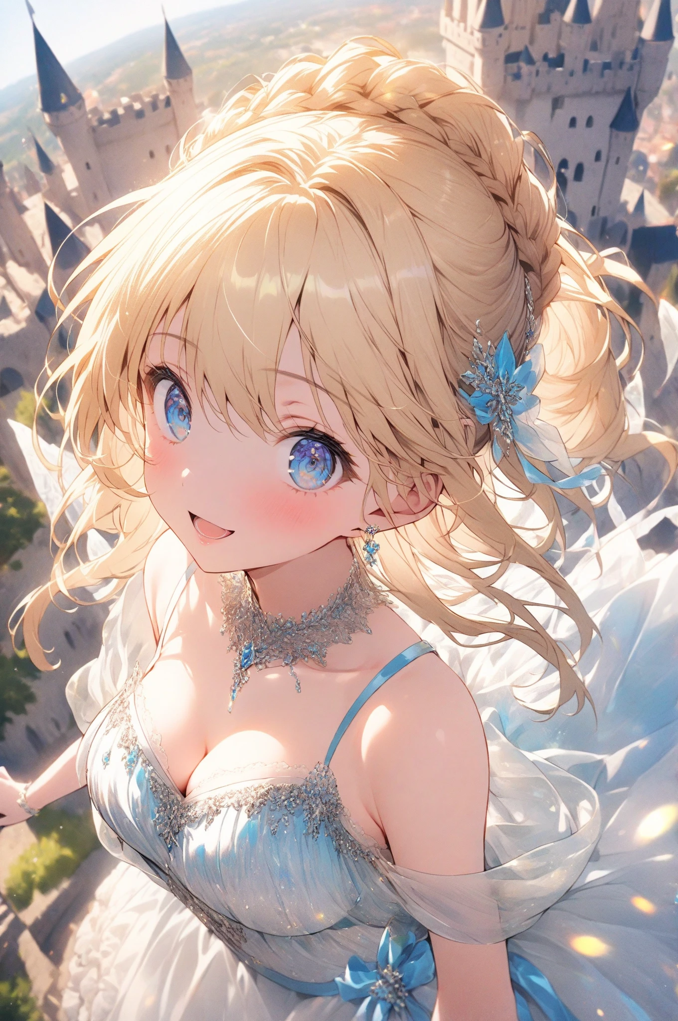 photo realistic, (masterpiece,best quality:1.4),(8k,raw photo,photo realistic:1.2), detailed skin, detailed face,1girl, Princess, cute face, , Not Safe for Work, (raw photo, photo realistic: 1.2), (((half updo))), blue eyes, (blonde hair), light smile, shiny wavy hair, sidelock, curtsey, (ballgown), Princess doress, shortsleeves, a smile, red blush, Doress, Hair Between Eyes, White Panties Hose, ((Blue the Bow)), Puffy Sleeves, Bangss, (tiara), (necklace), (bridal gauntlets), foot out of frame, frilld, : q, masterpiece, top-quality, not safe for work, 14-yo, braided bangs, pastel color, rainbow-colored background,