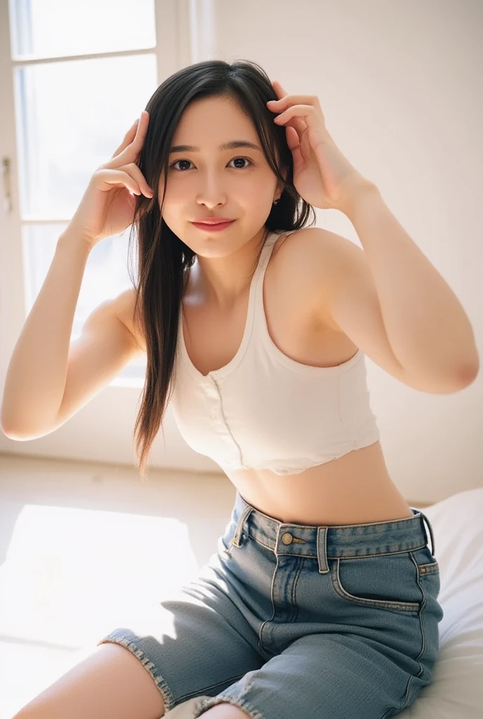 Lens 135mm f1.8, (highest quality),(RAW photo), (arms down at sides:1.3), (Beautiful 15 year old Japanese girl), cute face, (deeply carved face:0.7), (freckles:0.6), dappled sunlight, , (japanese school uniform:0.1), sport bra, dark_navyblue pleated skirt, (inside the school), shy, short twintails, the waist up shots , (smile),, (sparkling eyes)、,photo from the waist up,