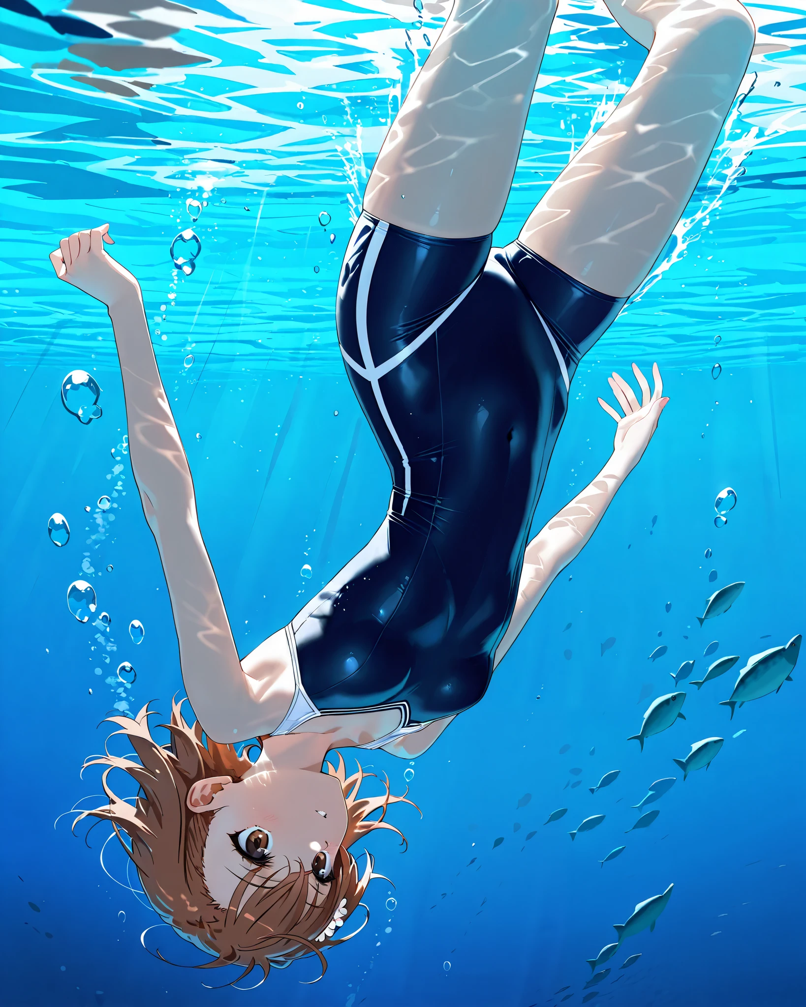 (Jump into the water:1.5), underwater,( Misaka Mikoto), masterpiece, highest quality, UHD, retina, masterpiece, accurate anatomy, super detailed, high quality, best quality, 8k