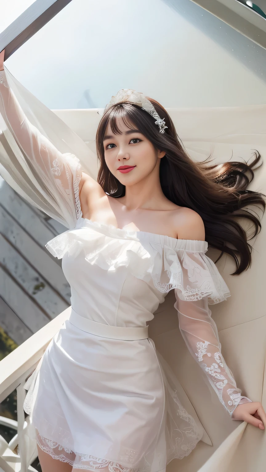 (18-year-old sweetheart), (Big Breasts:1.3), Background Garden、Retro white ruffled off-the-shoulder long dress、Let your hair flutter in the wind、(masterpiece: 1.3), (Maximum resolution: 1.4), (super high vision: 1.2), Cinematic Light, super high vision,make'Blushing cheeks:1.2、 (Beautiful eyes and skin), (Detailed facial features), Browsing Caution, 8k resolution, Perfect Style, Beautiful expression、Highly detailed face and skin texture、Detailed eyes、double eyelid、Glitter Eyeliner:1.2、Glowing Skin、(pure White skin:1.8)、(White skin:1.8)、Red Rouge、Dark lipstick:1.2、Small shiny necklace and earrings、(Glossy Lips:1.2)、Glossy Lips:1.2、((Full Body Shot:1.2))、(Straight Hairstyles、Light brown hair)、Long Hair、(A very loving smile:1.3)、175cm、Asahi