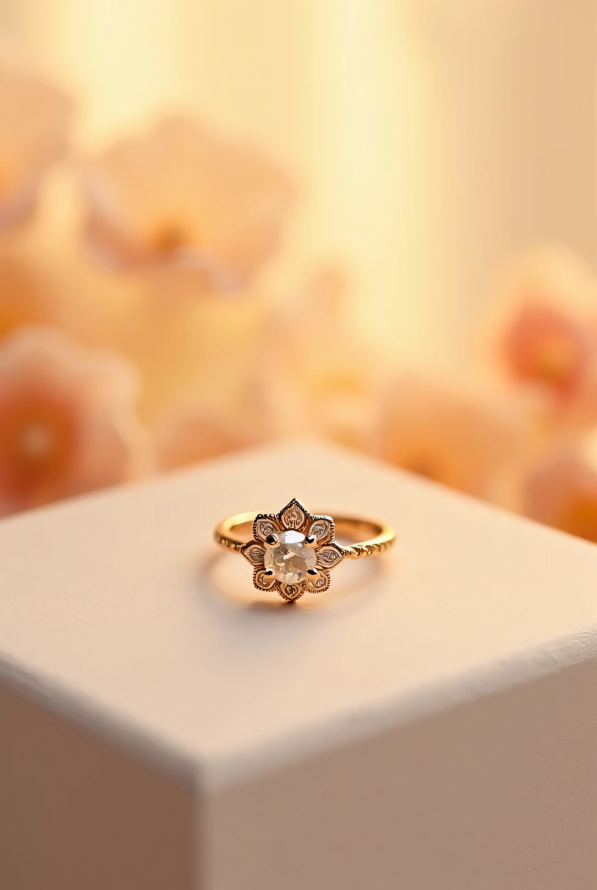 Ring photography in a photo studio, blurred background, light colors, warm, blur, minimalist studio