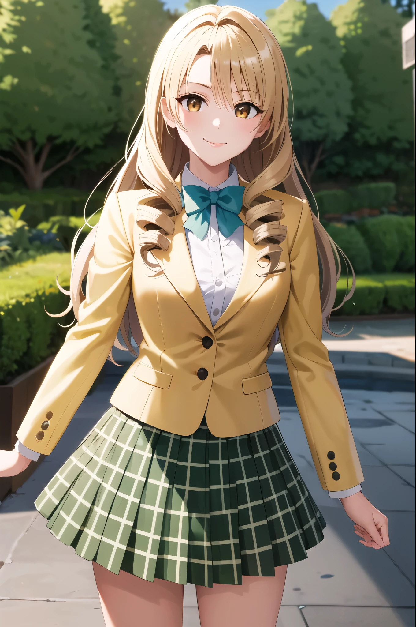 masterpiece, highest quality, High resolution, 1 girl, alone, long hair, blonde hair, double good, drill hair, brown eyes, , green bow tie, yellow blazer, plaid skirt, green skirt, standing, cowboy shot, outdoor, glossy lips ,smile closed mouth